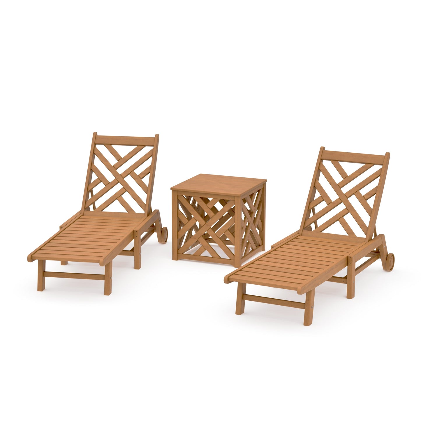 POLYWOOD Chippendale 3-Piece Chaise Set with Wheels and Umbrella Stand Accent Table — Natural