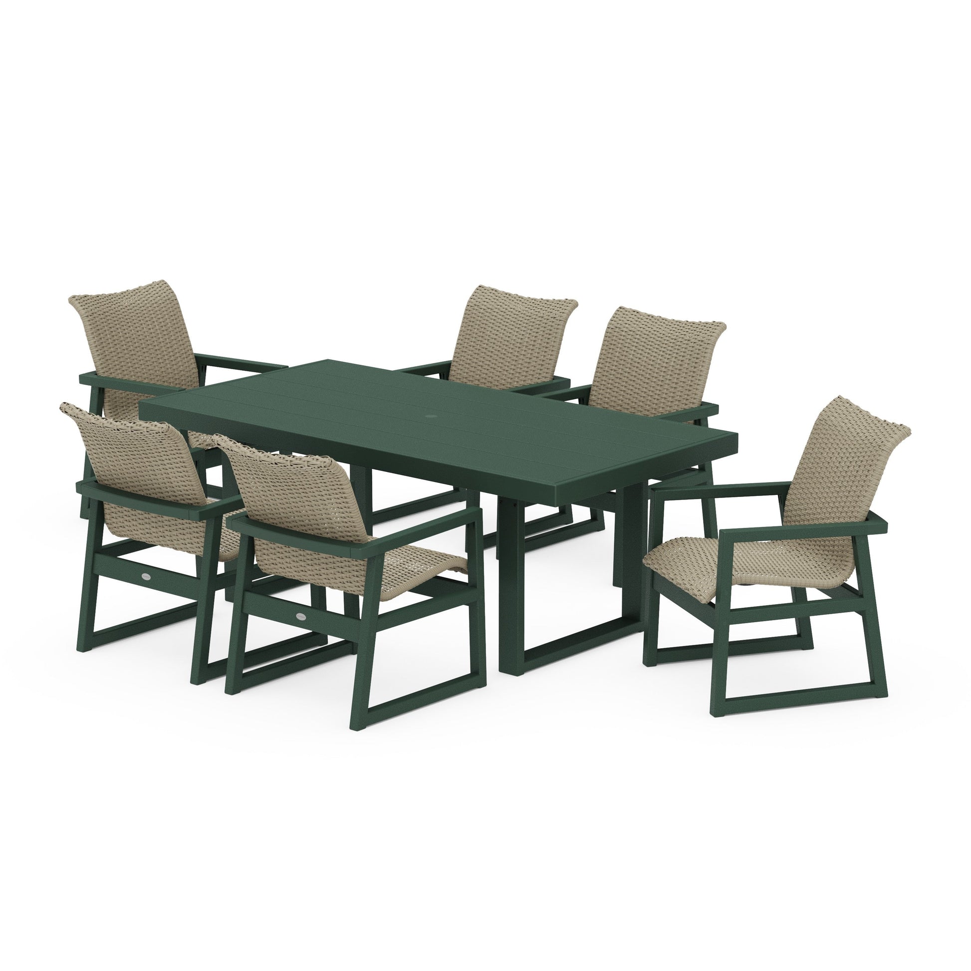 POLYWOOD EDGE Woven Arm Chair 7-Piece Dining Set — Green / Dune Grass