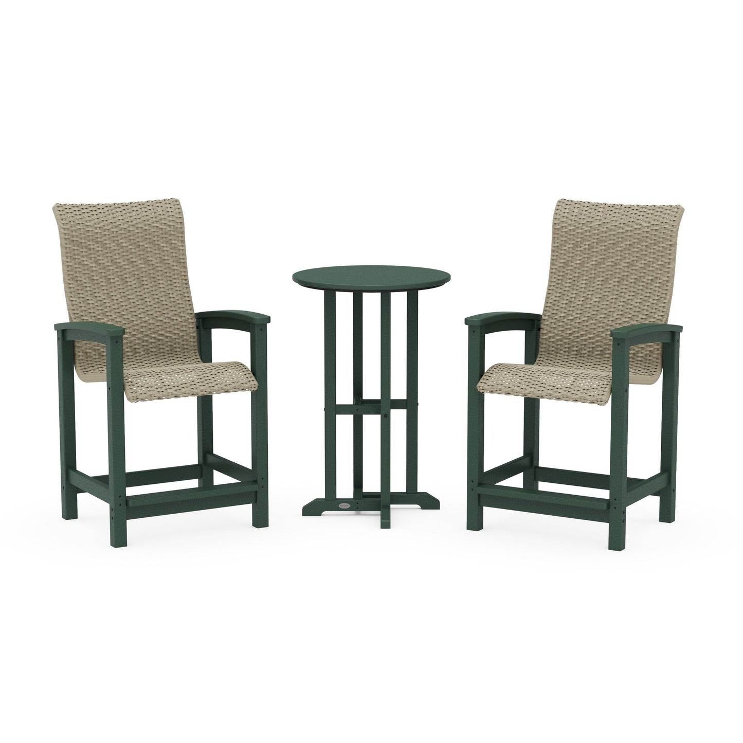 POLYWOOD Coastal Woven High-Back 3-Piece Farmhouse Counter Set — Green / Dune Grass