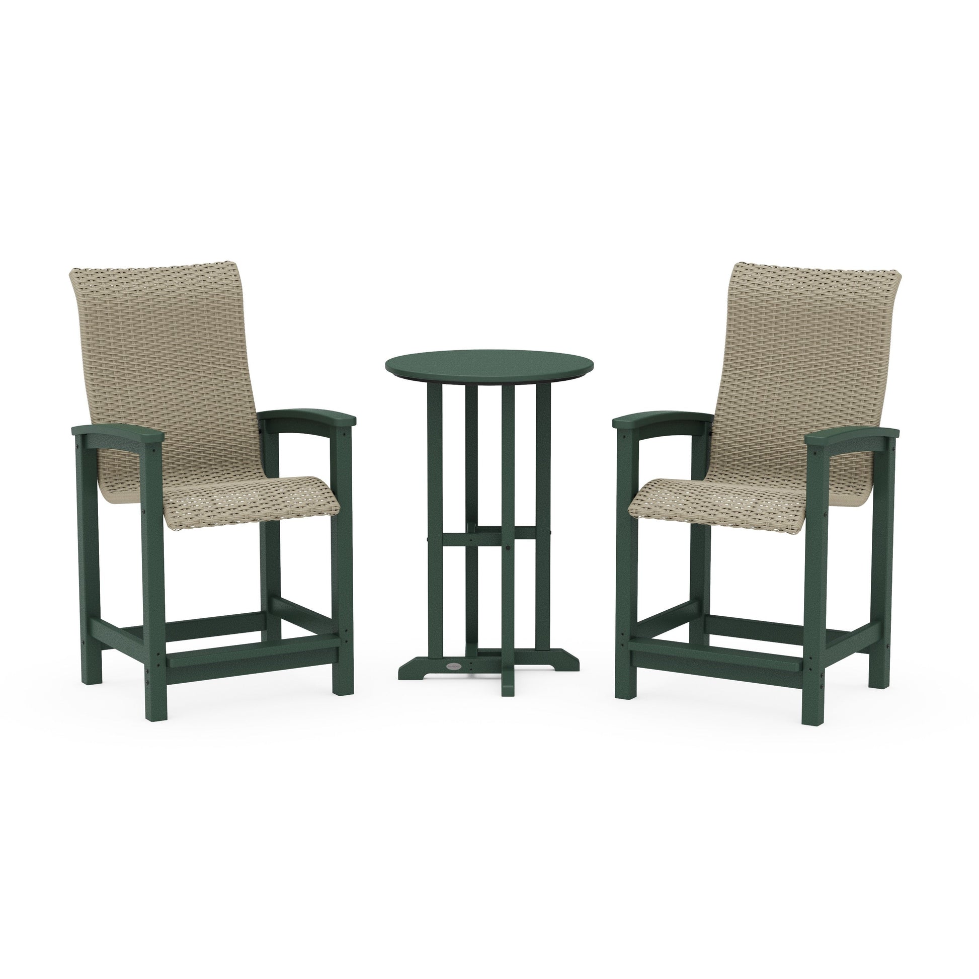 POLYWOOD Coastal Woven High-Back 3-Piece Farmhouse Counter Set — Green / Dune Grass