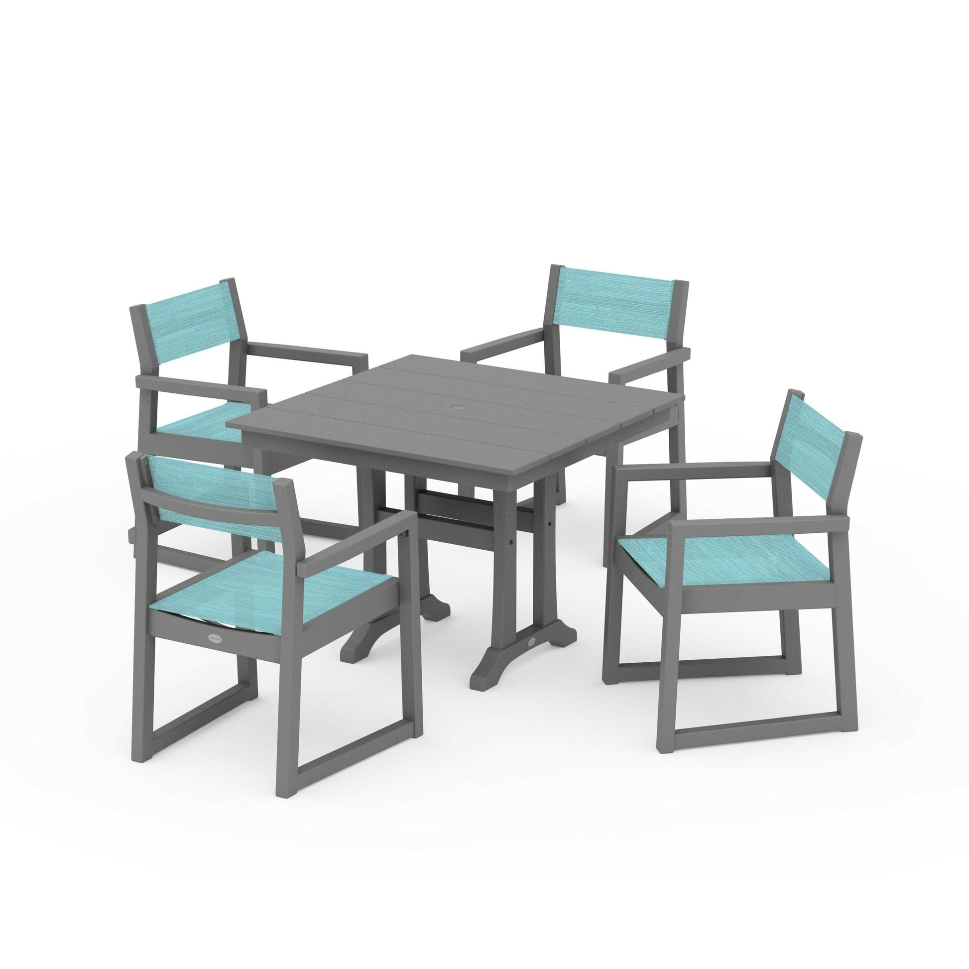 POLYWOOD EDGE Sling 5-Piece Farmhouse Dining Set with Trestle Legs — Slate Grey / Dupioni Aquamarine Sling