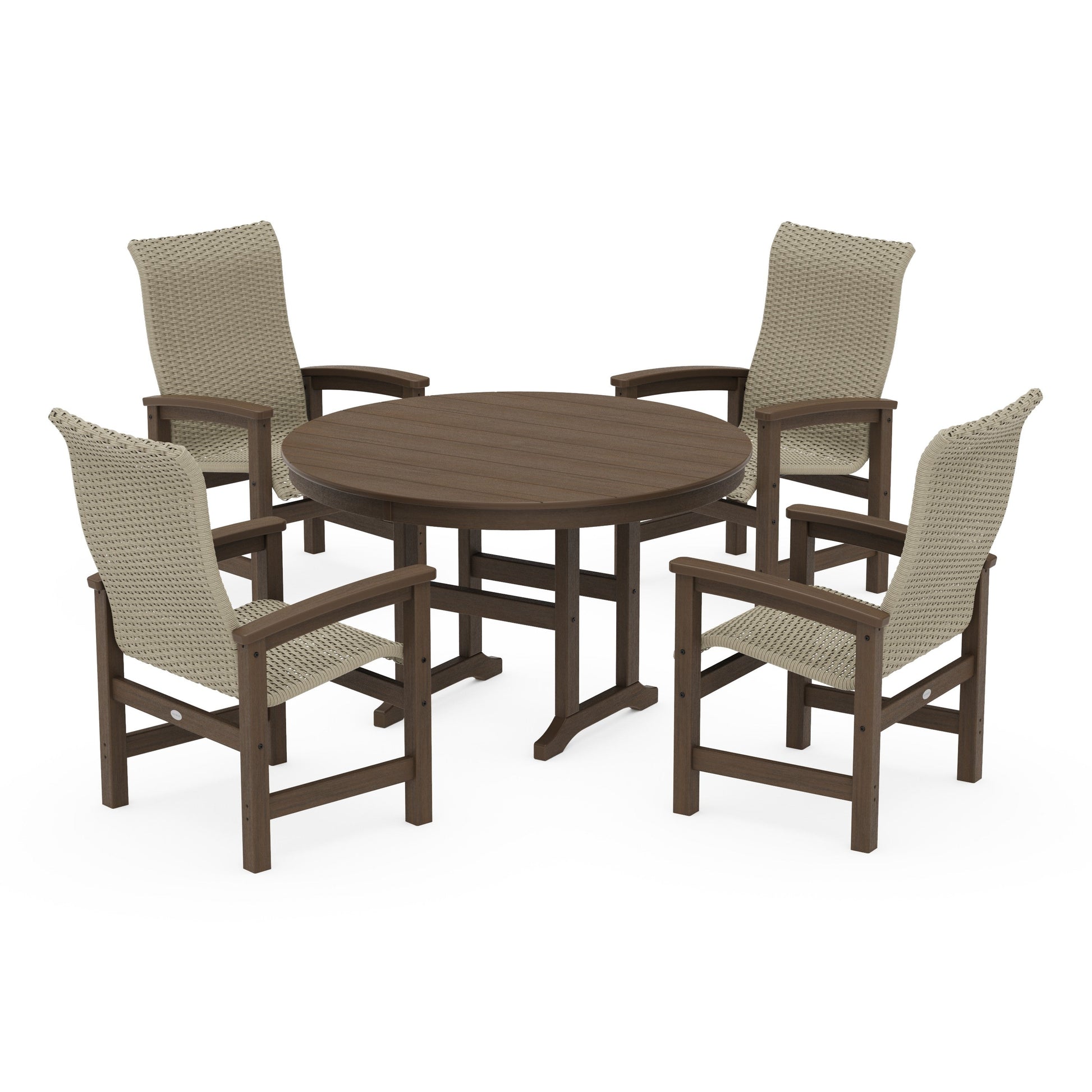 POLYWOOD Coastal Woven High-Back 5-Piece Round Farmhouse Dining Set — Kona / Dune Grass