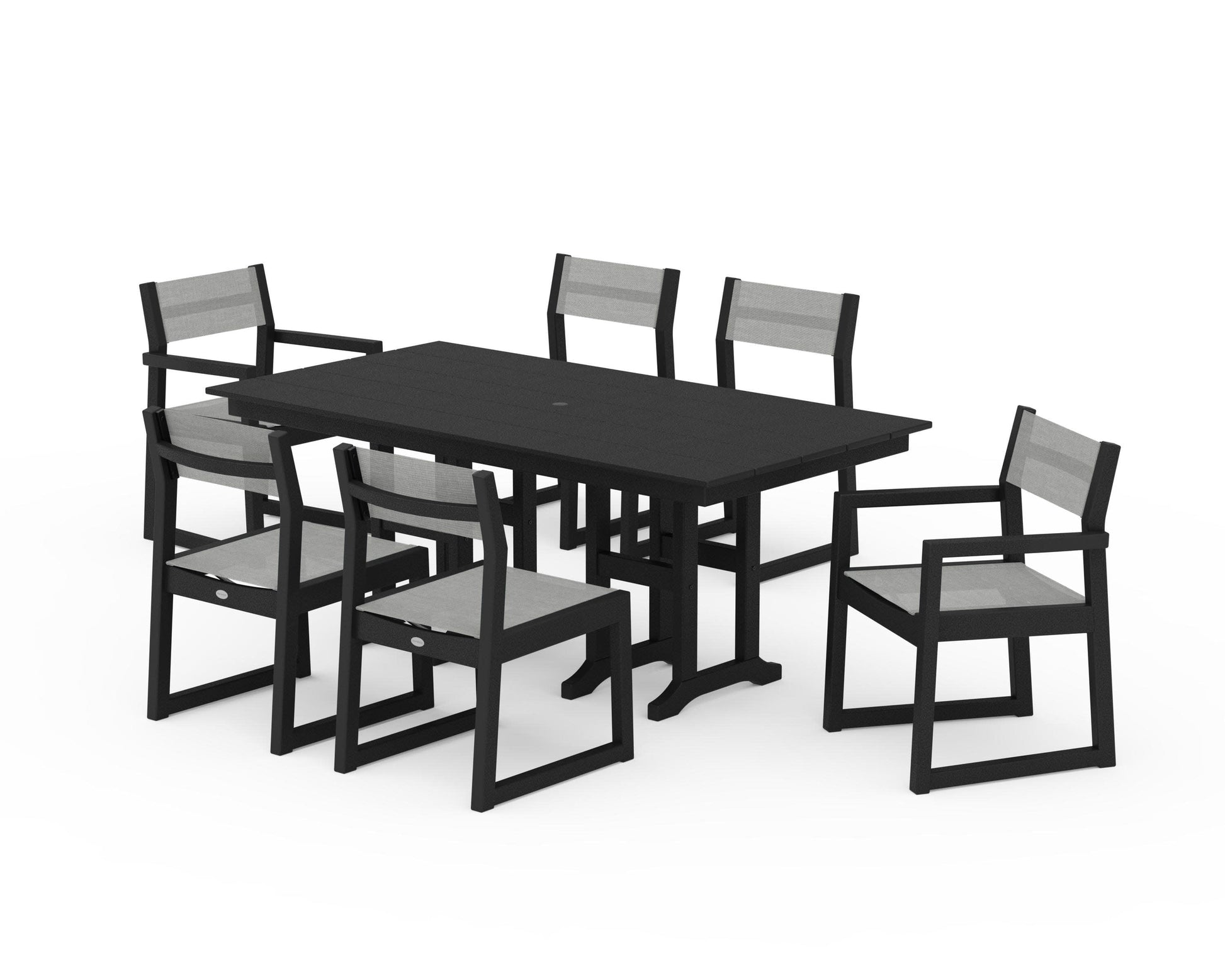 POLYWOOD EDGE Sling 7-Piece Farmhouse Dining Set — Black / Metallic Sling