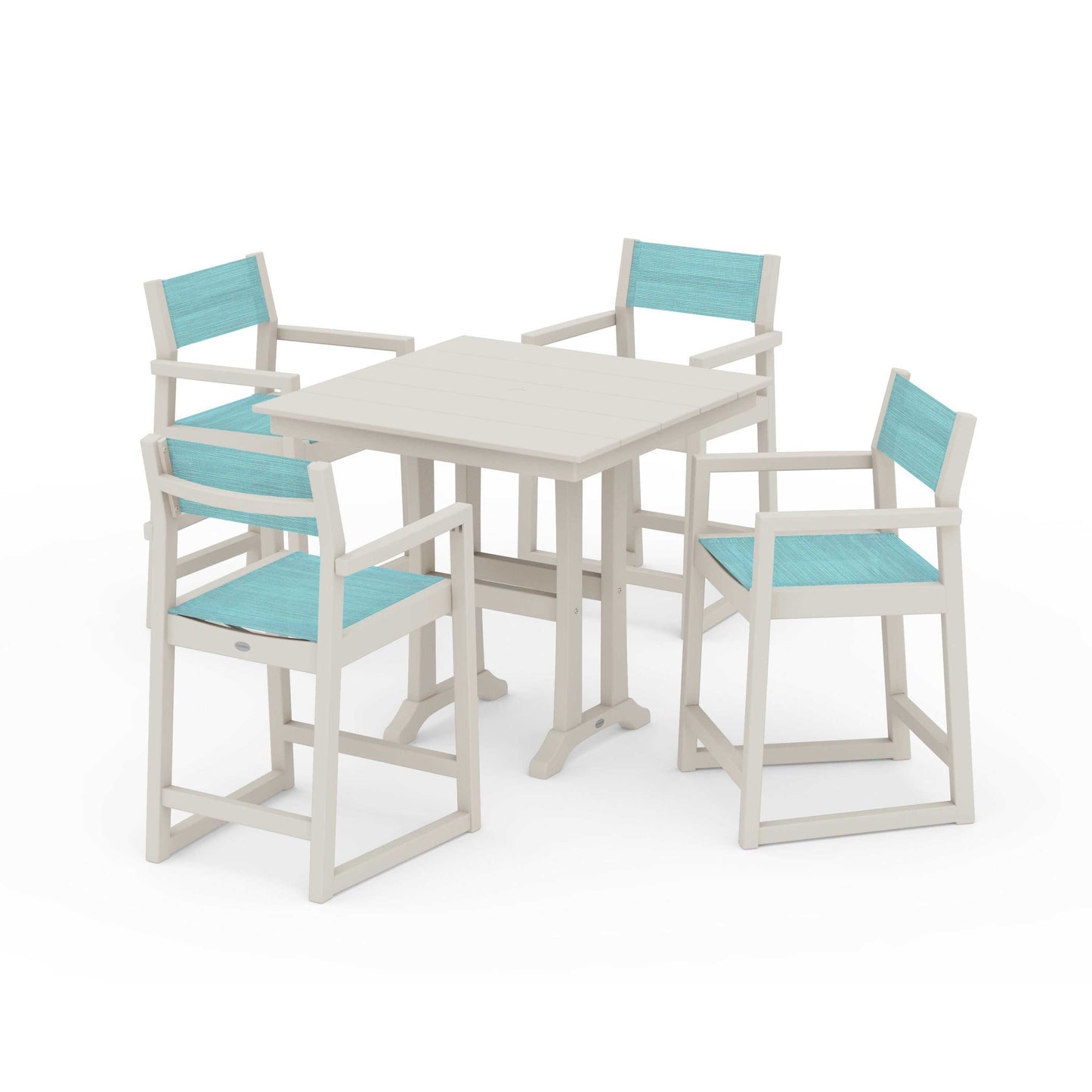 POLYWOOD EDGE Sling Arm Chair 5-Piece Farmhouse Counter Set with Trestle Legs — Sand / Dupioni Aquamarine Sling