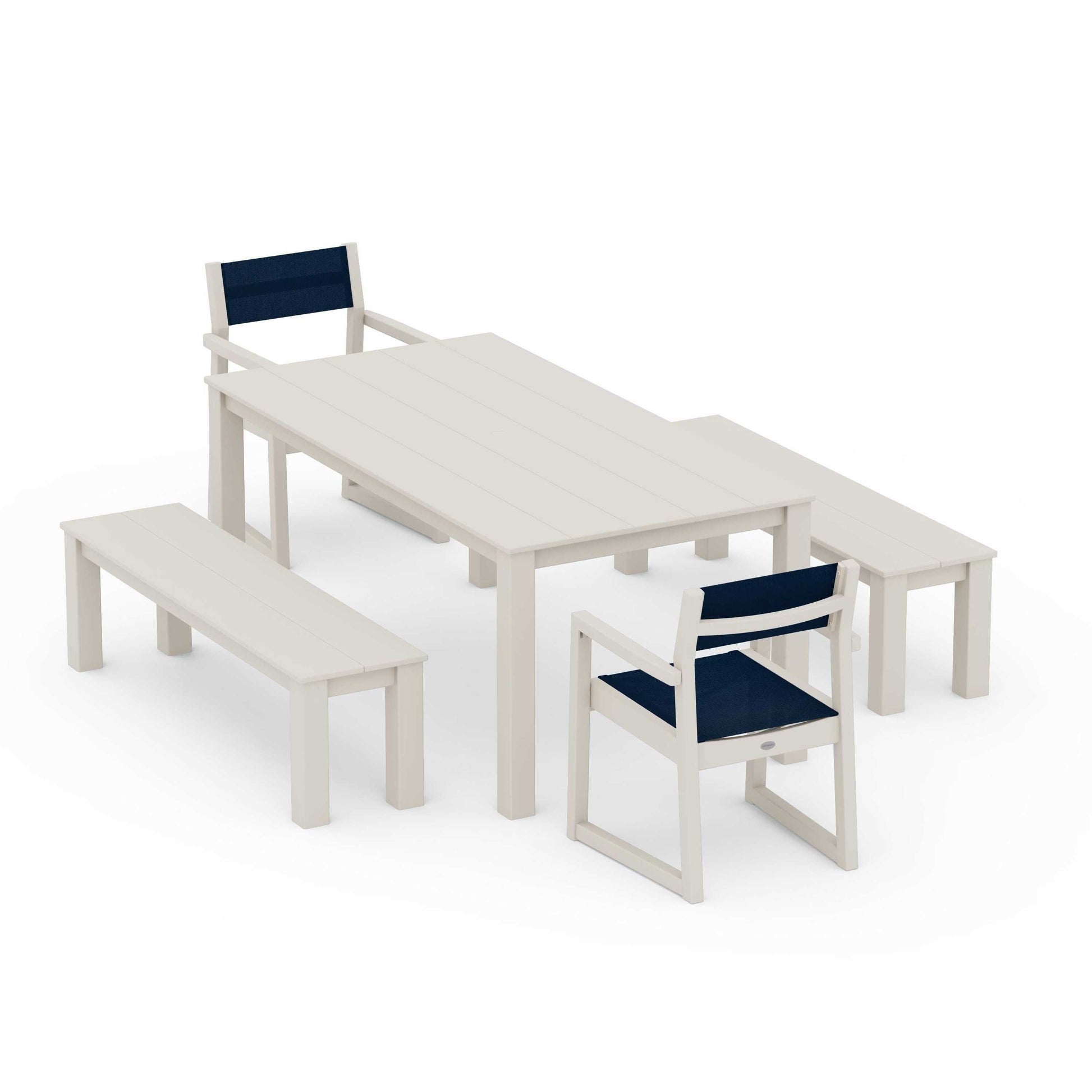 POLYWOOD EDGE Sling Arm Chair 5-Piece Parsons Dining Set with Benches — Sand / Navy Blue Sling