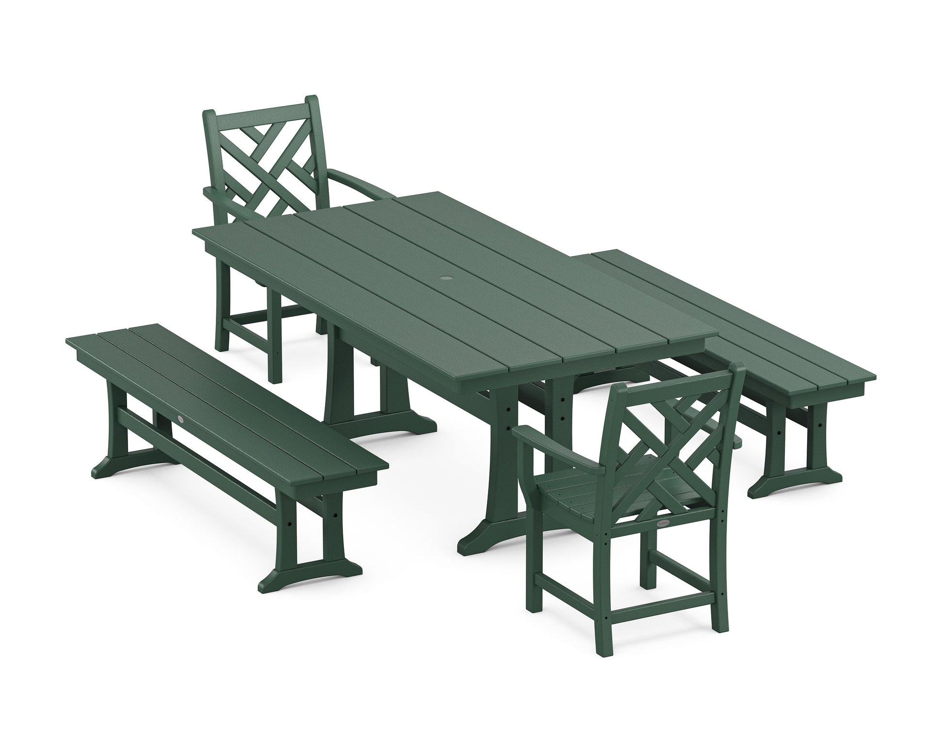 POLYWOOD Chippendale 5-Piece Farmhouse Dining Set With Trestle Legs — Green