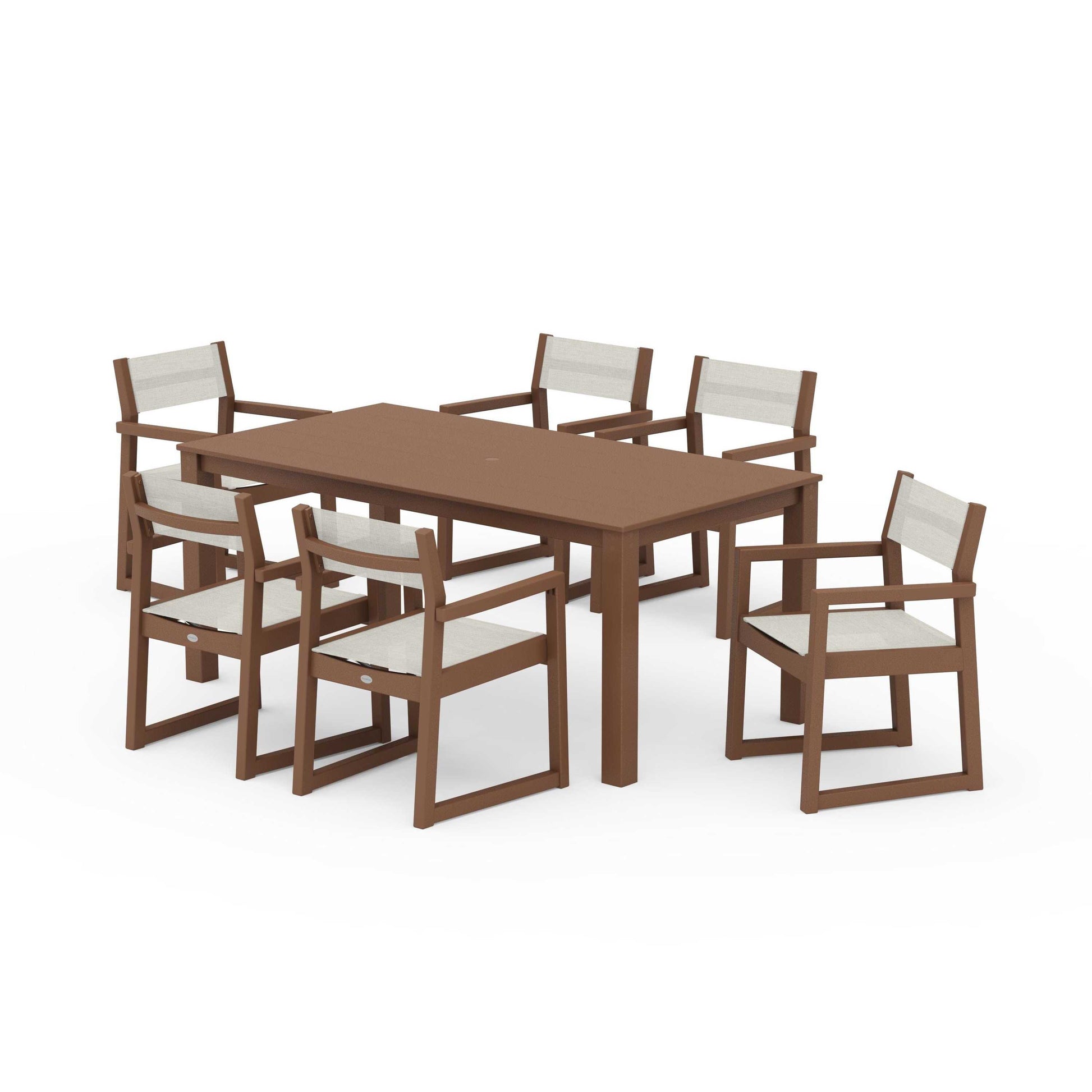 POLYWOOD EDGE Sling Arm Chair 7-Piece Parsons Dining Set — Teak / Parchment Sling
