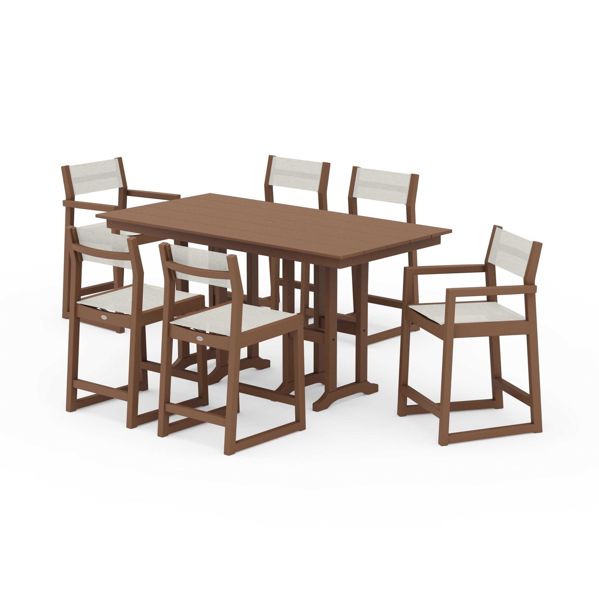 POLYWOOD EDGE Sling 7-Piece Farmhouse Counter Set with Trestle Legs — Teak / Parchment Sling
