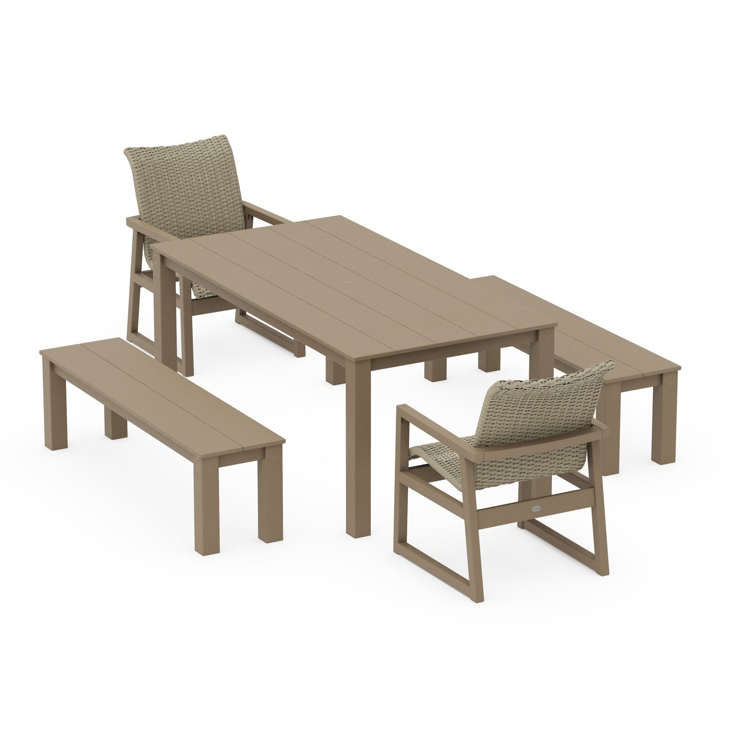 POLYWOOD EDGE Woven 5-Piece Parsons Dining Set with Benches — Vintage Sahara / Dune Grass