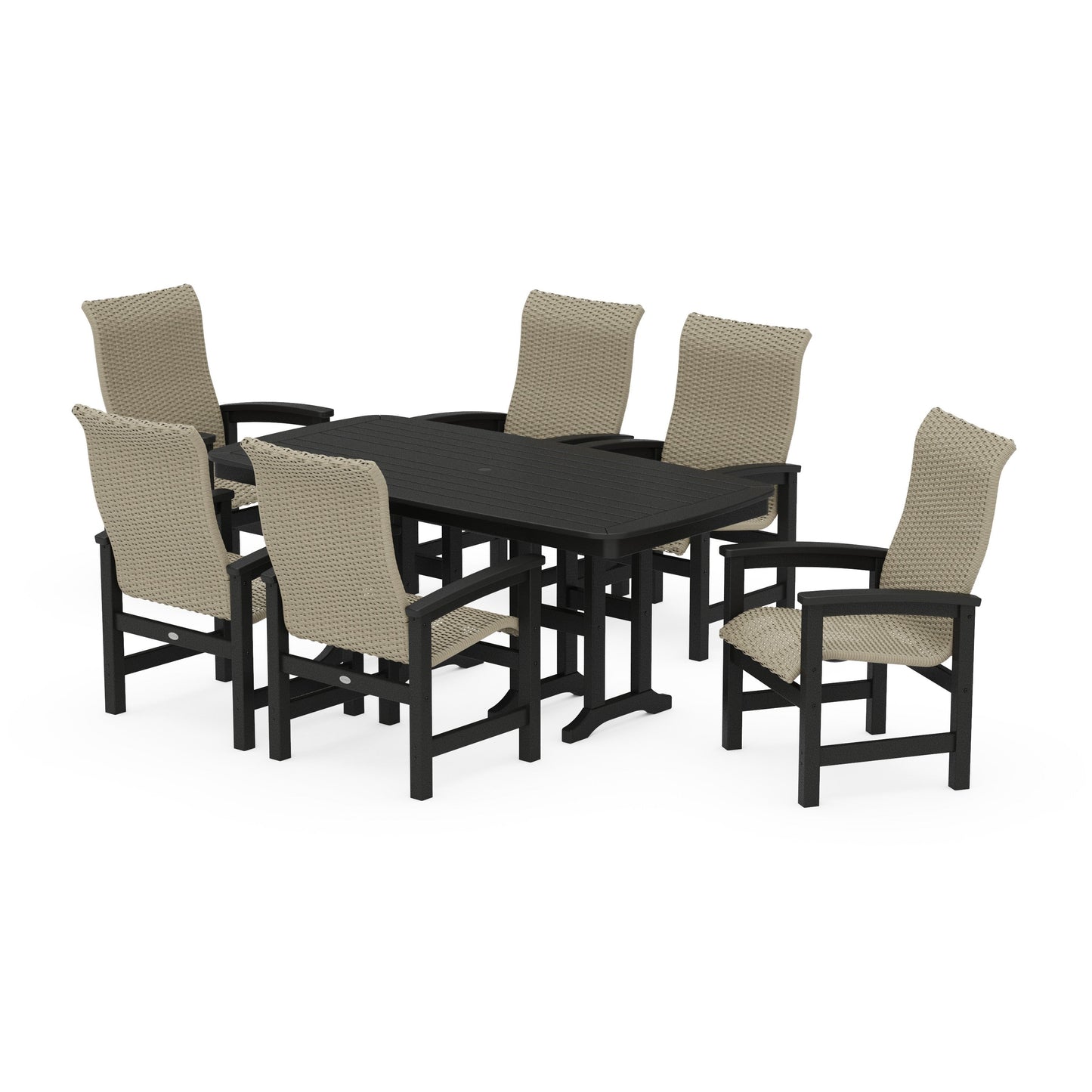 POLYWOOD Coastal Woven High-Back Arm Chair 7-Piece Dining Set — Black / Dune Grass