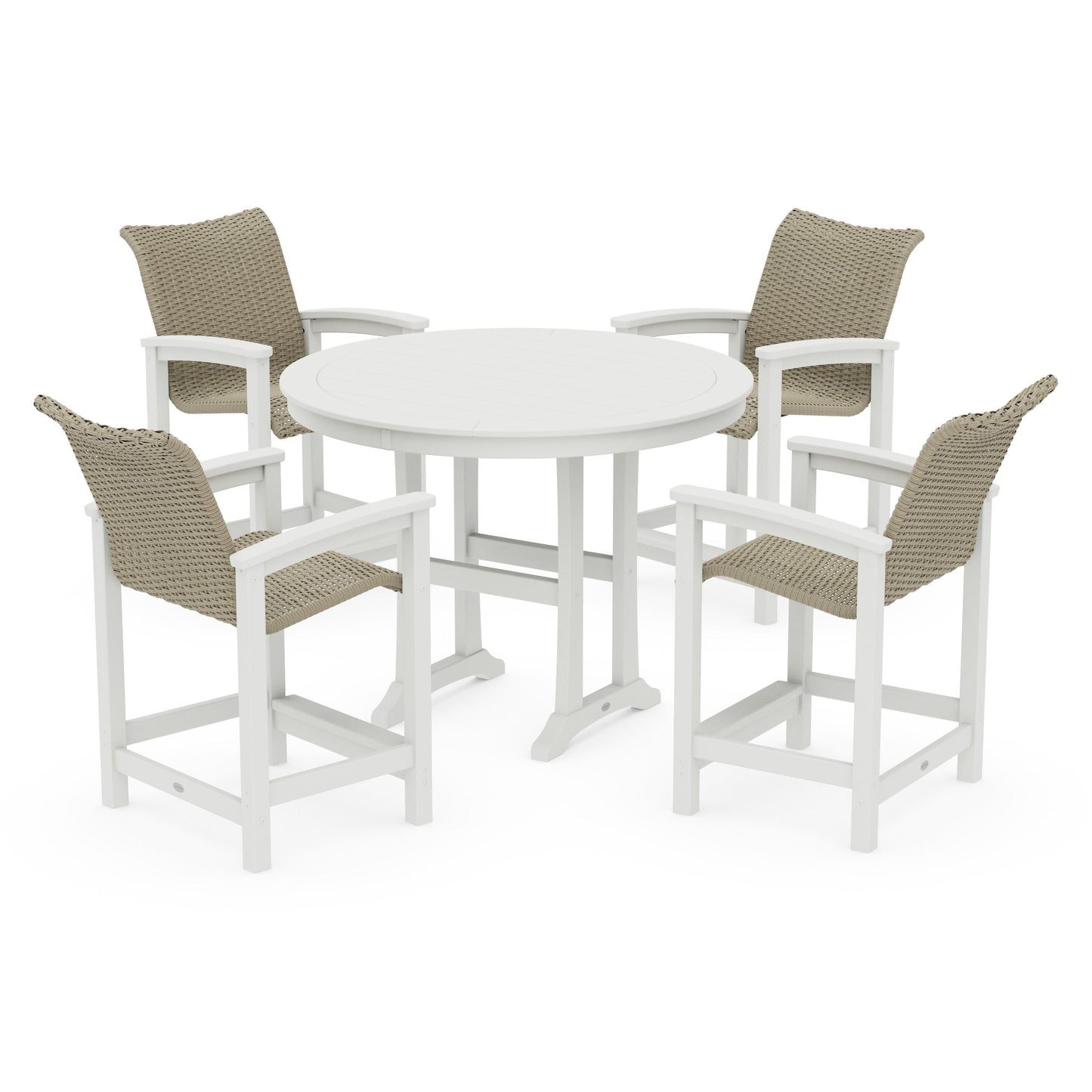 POLYWOOD Coastal Woven 5-Piece Round Counter Set — White / Dune Grass