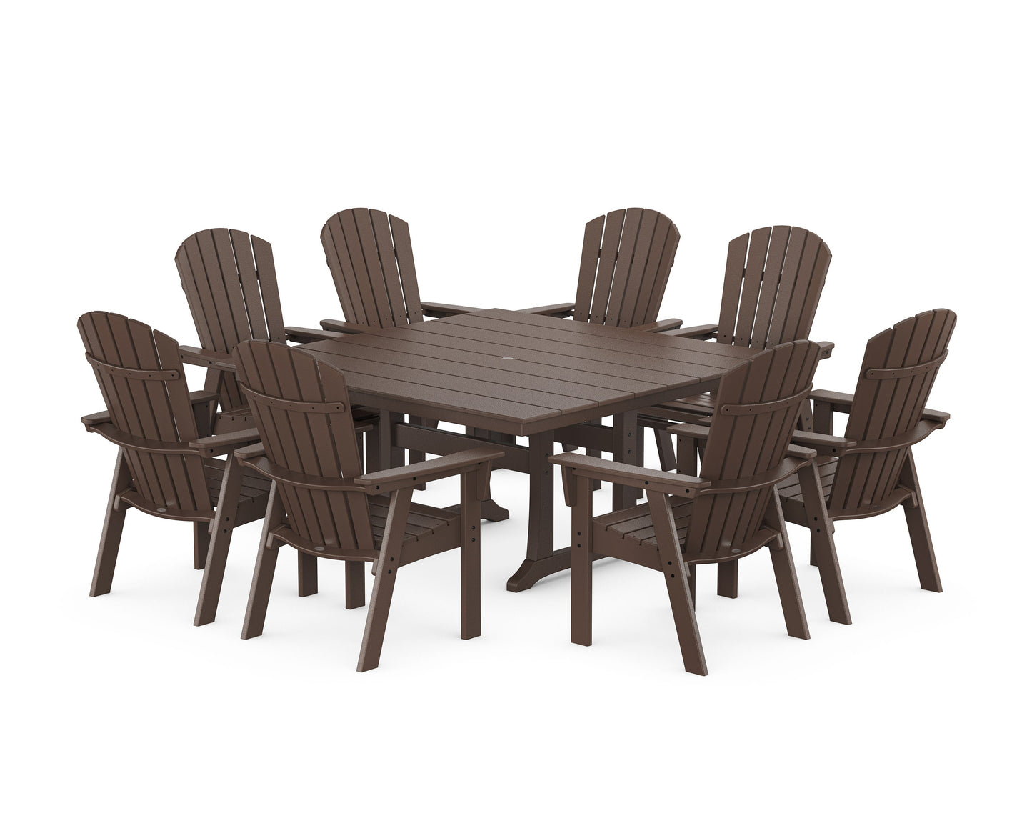 POLYWOOD Nautical Curveback Adirondack 9-Piece Square Dining Set with Trestle Legs — Mahogany