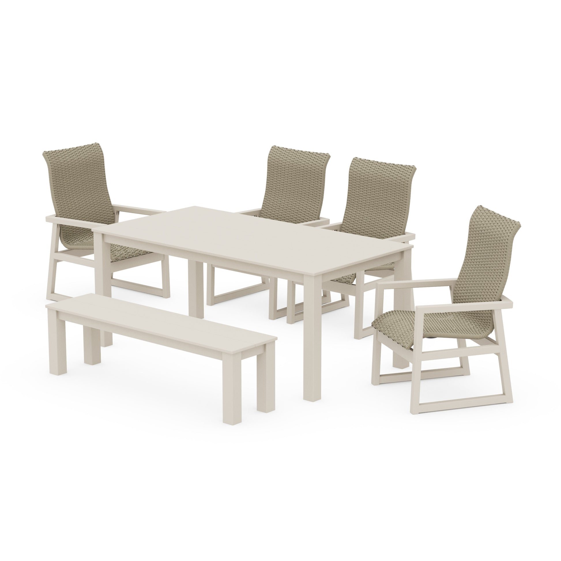 POLYWOOD EDGE Woven Highback 6-Piece Parsons Dining Set with Bench — Sand / Dune Grass