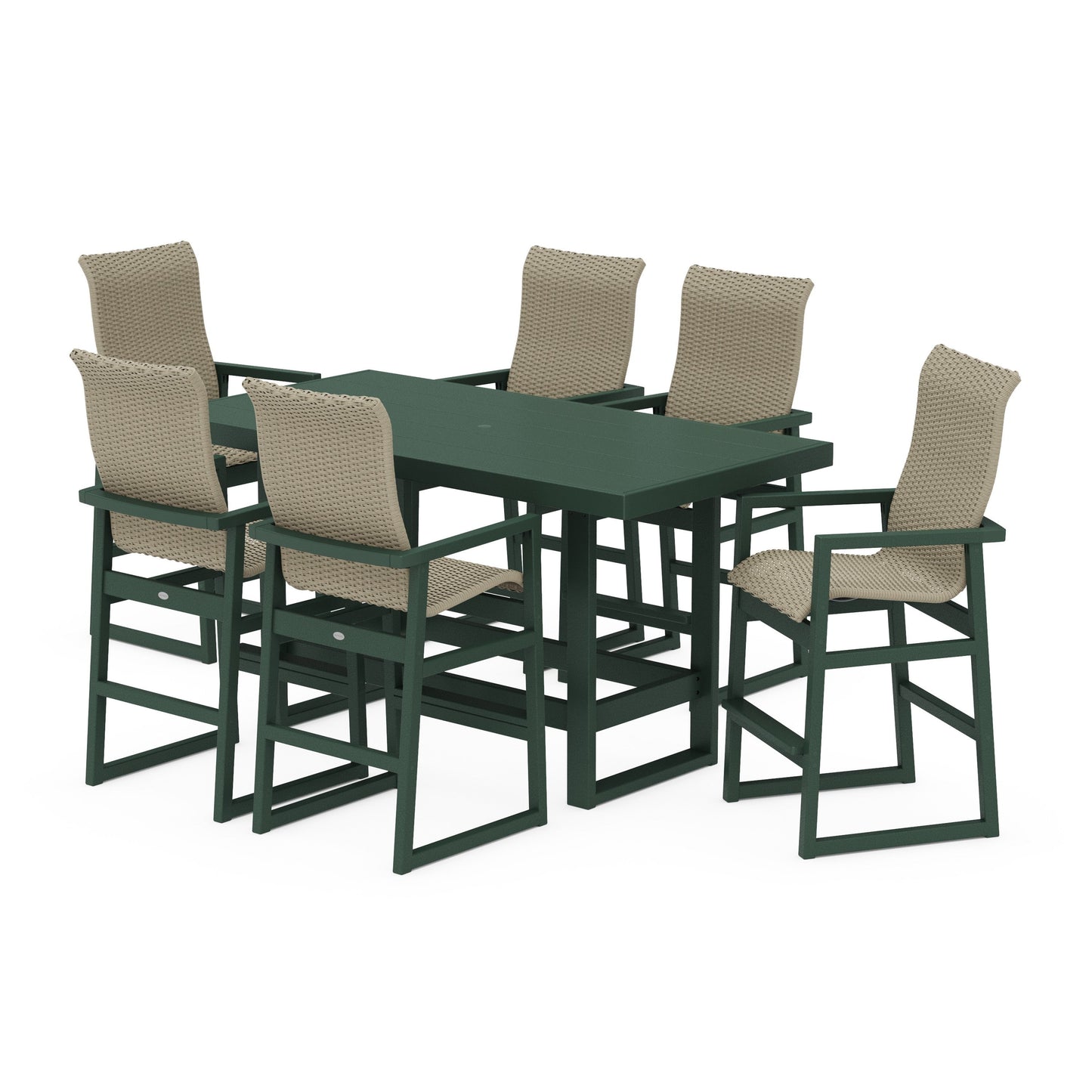 POLYWOOD EDGE Woven Highback Arm Chair 7-Piece Bar Set — Green / Dune Grass