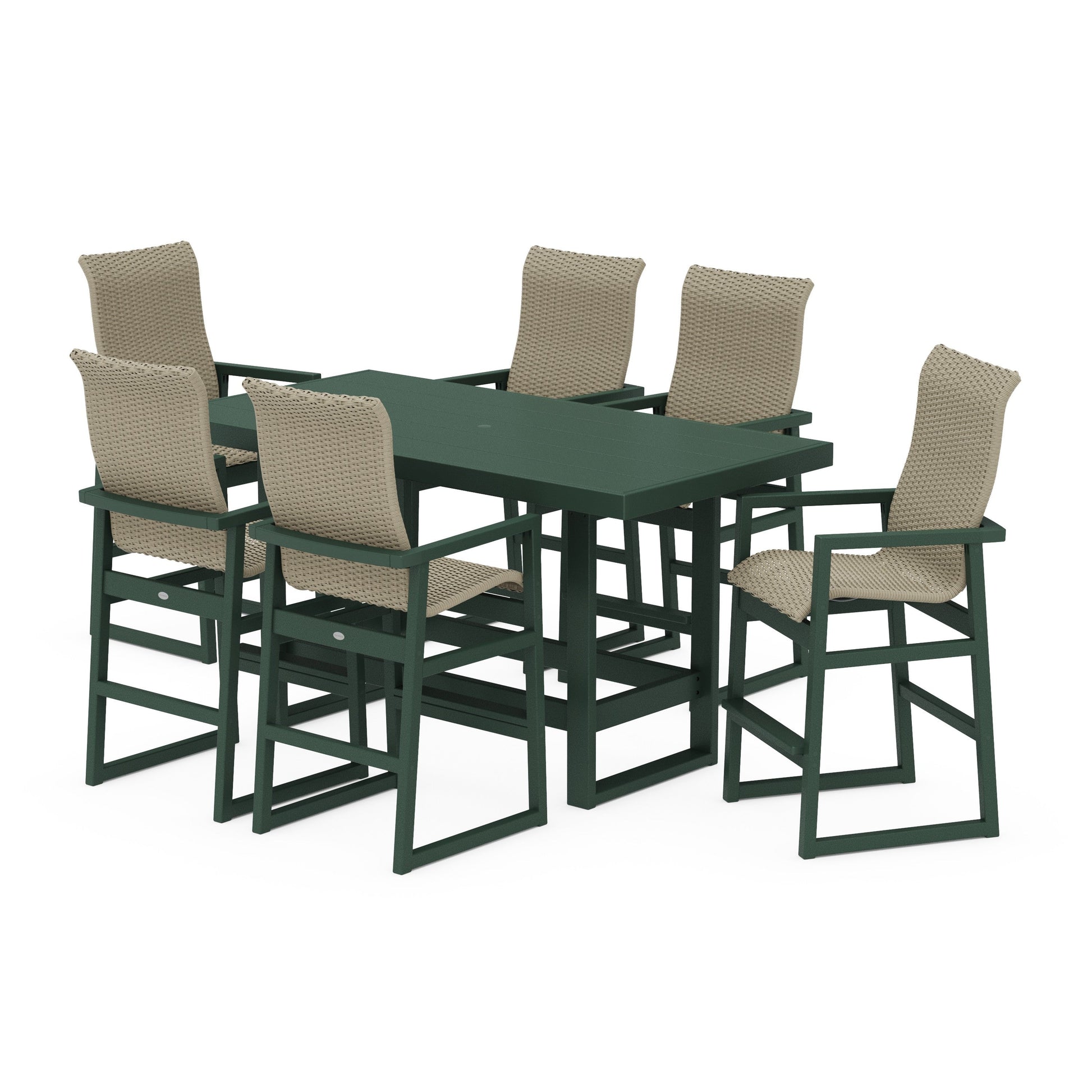 POLYWOOD EDGE Woven Highback Arm Chair 7-Piece Bar Set — Green / Dune Grass