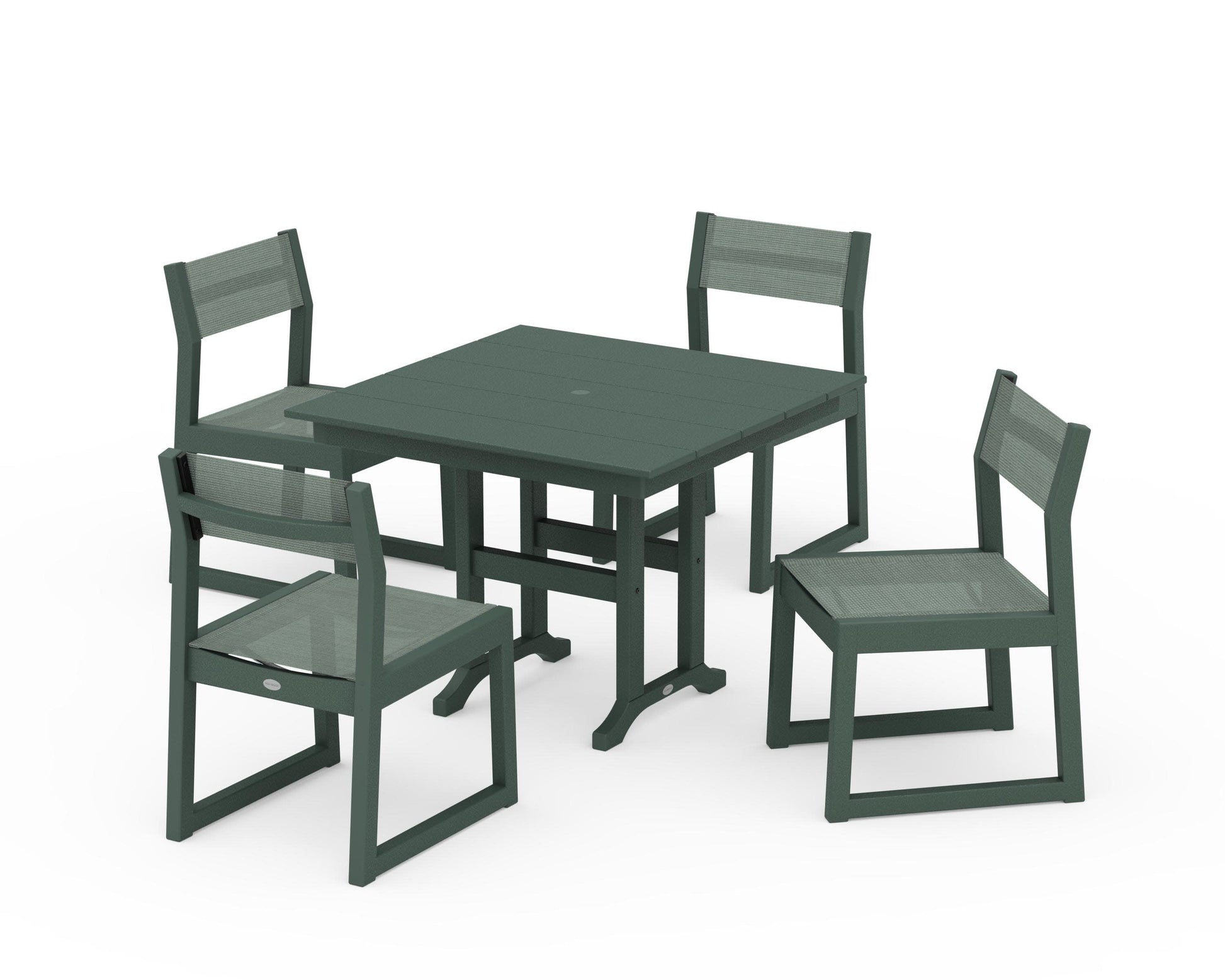 POLYWOOD EDGE Sling Side Chair 5-Piece Farmhouse Dining Set — Green / Dupioni Sea Mist Sling