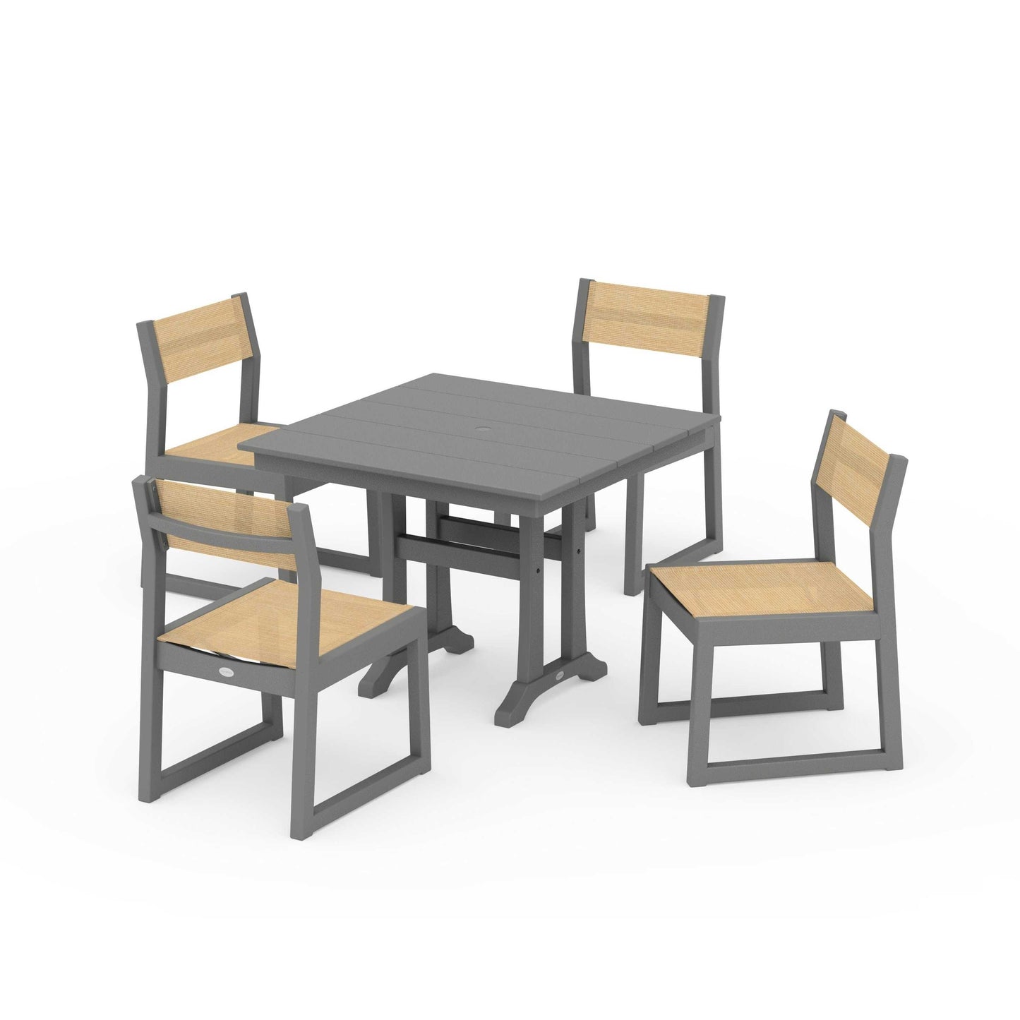 POLYWOOD EDGE Sling 5-Piece Farmhouse Trestle Side Chair Dining Set — Slate Grey / Dupioni Apricot Sling