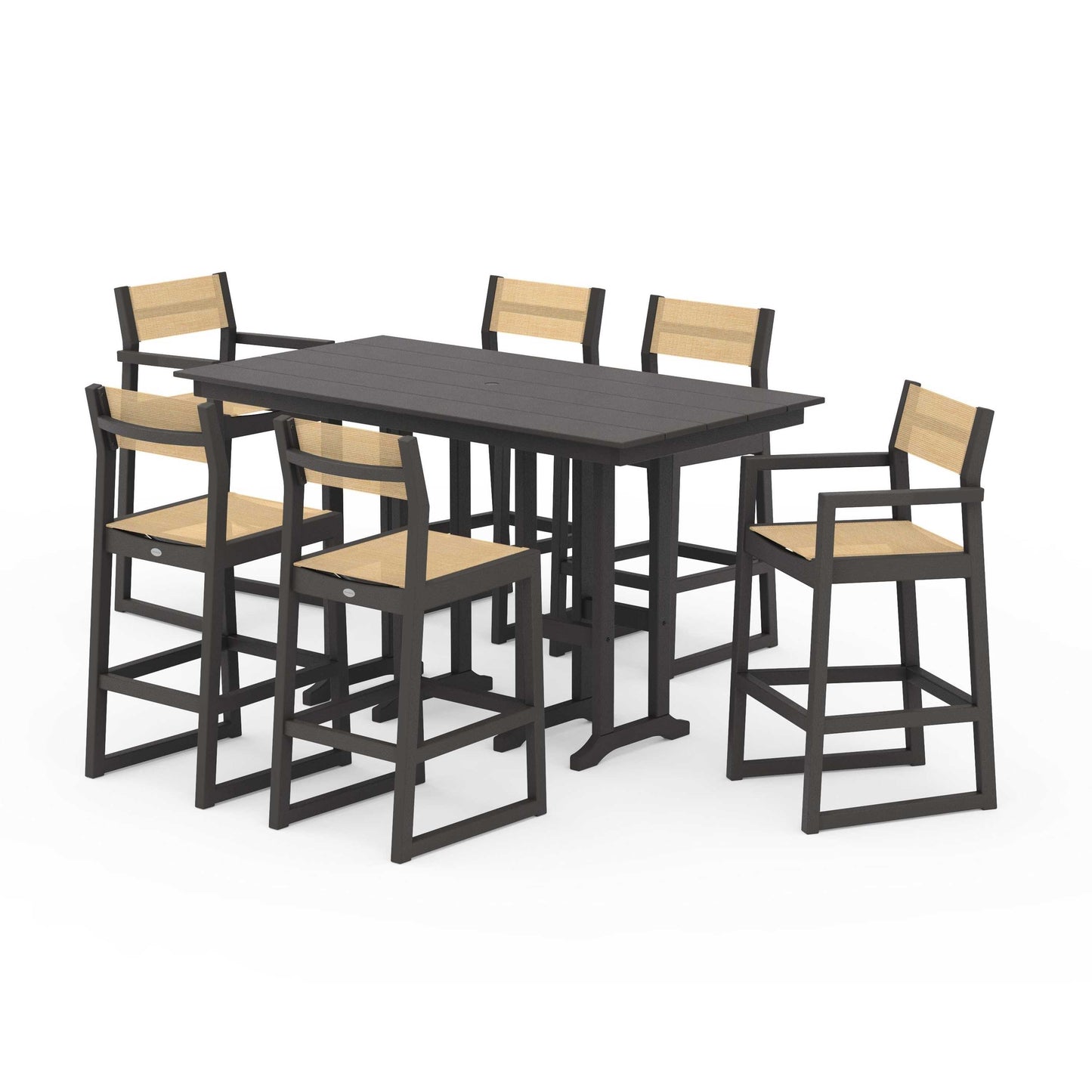 POLYWOOD EDGE Sling 7-Piece Farmhouse Bar Set — Vintage Coffee / Dupioni Apricot Sling