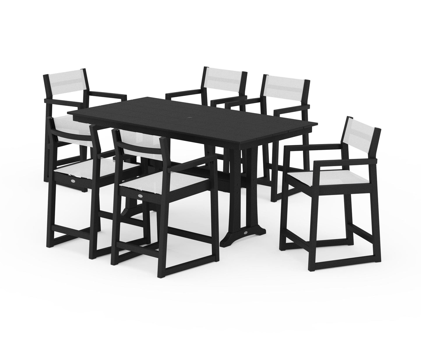 POLYWOOD EDGE Sling Arm Chair 7-Piece Farmhouse Counter Set with Trestle Legs — Black / White Sling