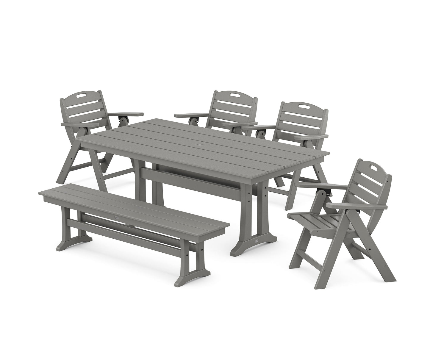 POLYWOOD Nautical Lowback 6-Piece Farmhouse Dining Set with Trestle Legs and Bench — Slate Grey