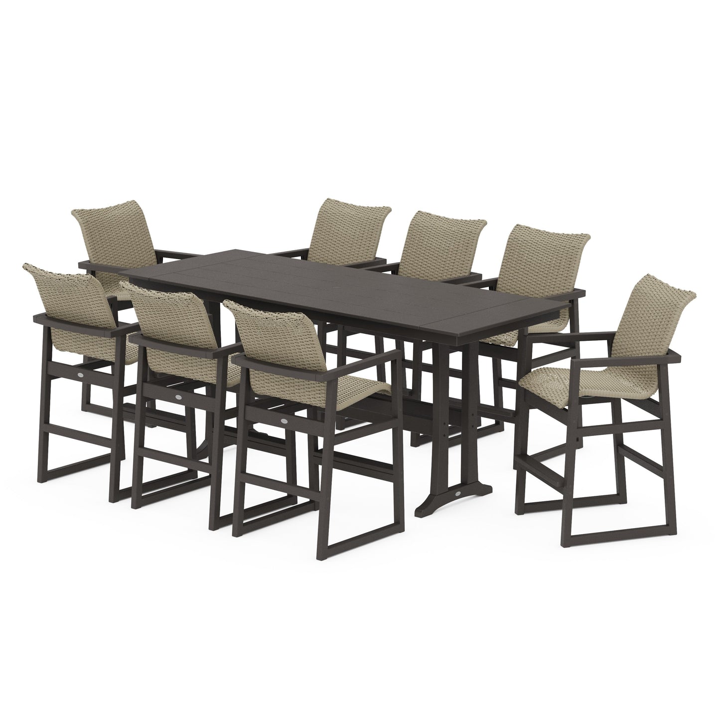 POLYWOOD EDGE Woven 9-Piece Farmhouse Bar Set with Trestle Legs — Vintage Coffee / Dune Grass
