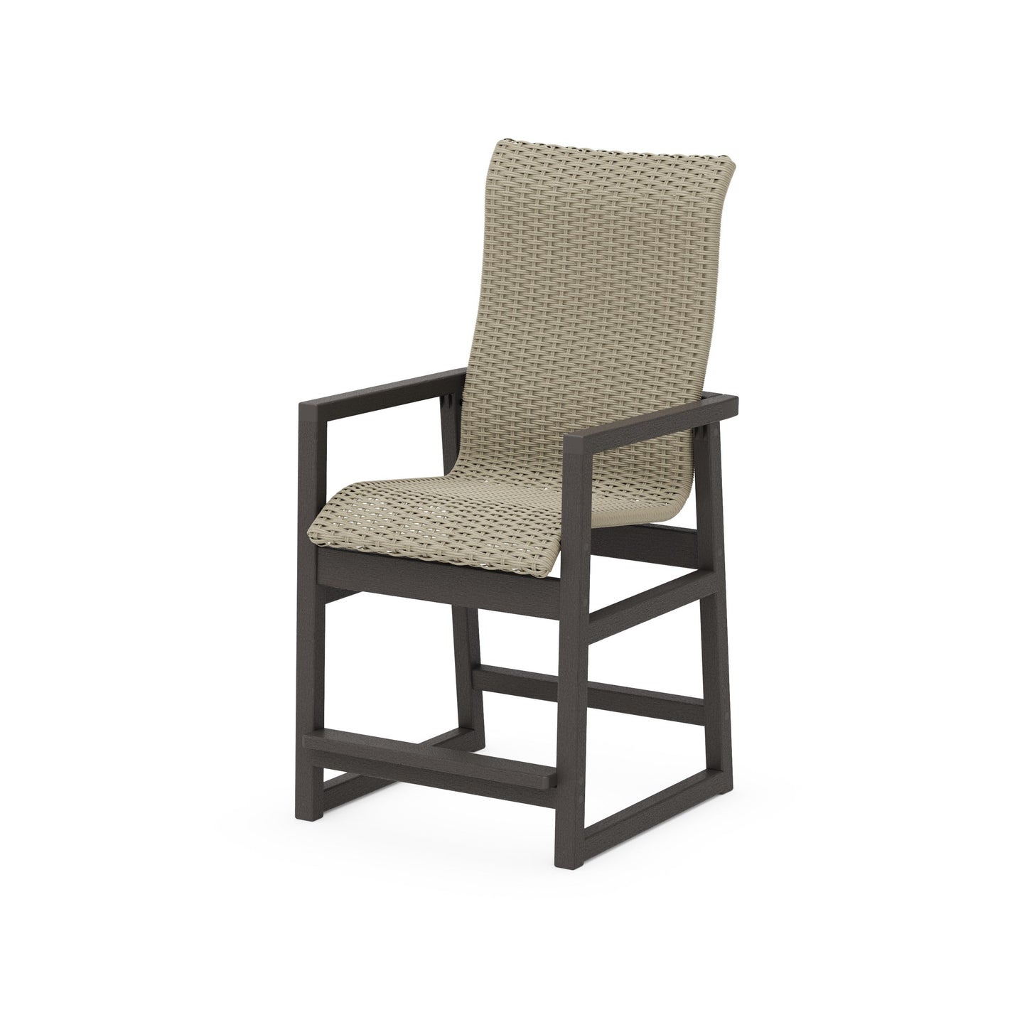 POLYWOOD EDGE Woven High-Back Counter Arm Chair — Vintage Coffee / Dune Grass