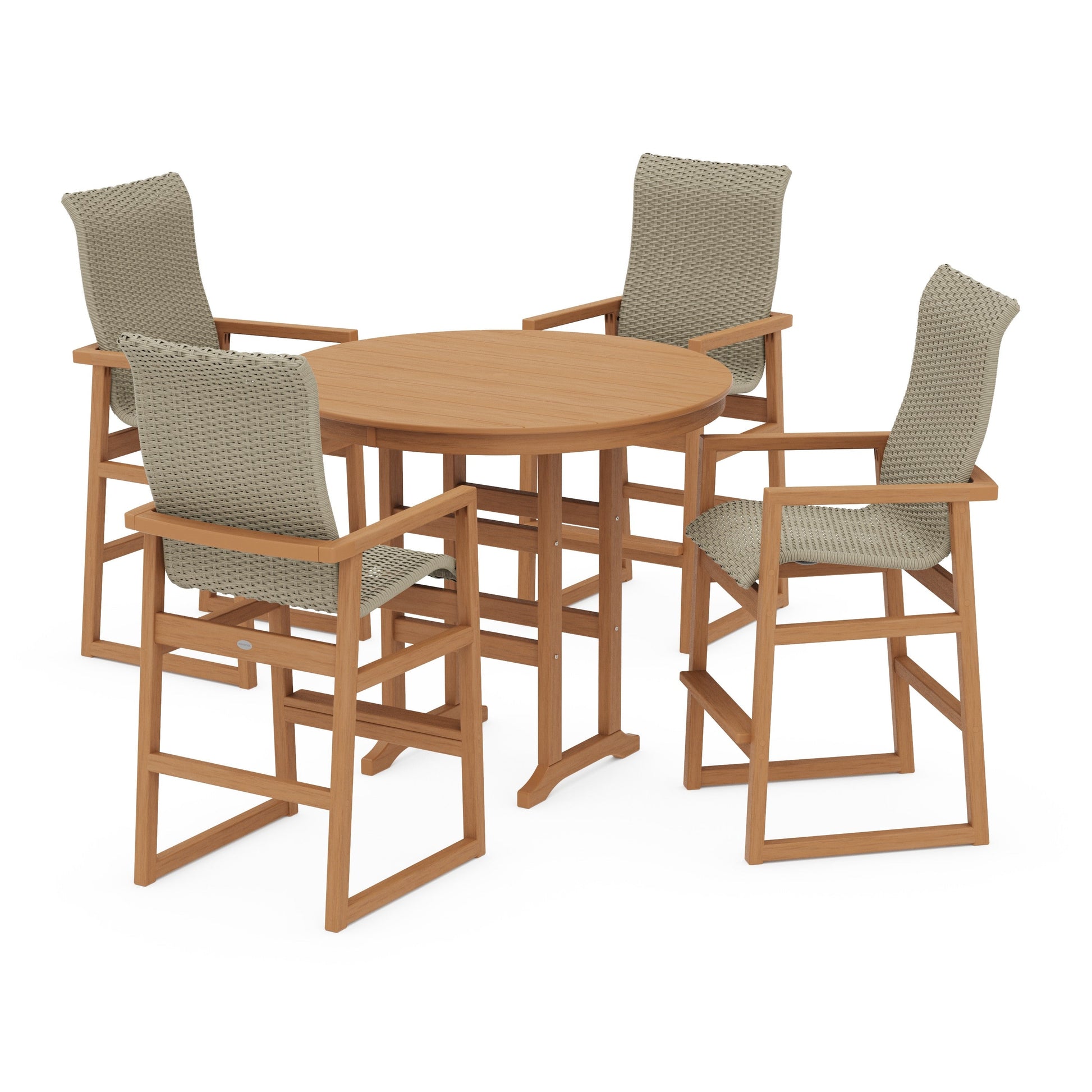 POLYWOOD EDGE Woven Highback 5-Piece Round Farmhouse Bar Set — Natural / Dune Grass