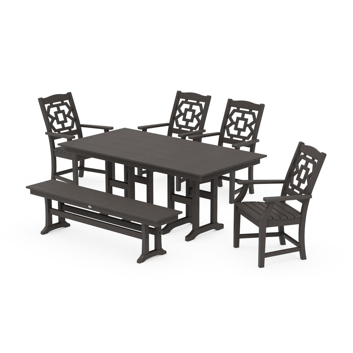POLYWOOD Chinoiserie 6-Piece Farmhouse Dining Set with Bench — Vintage Coffee