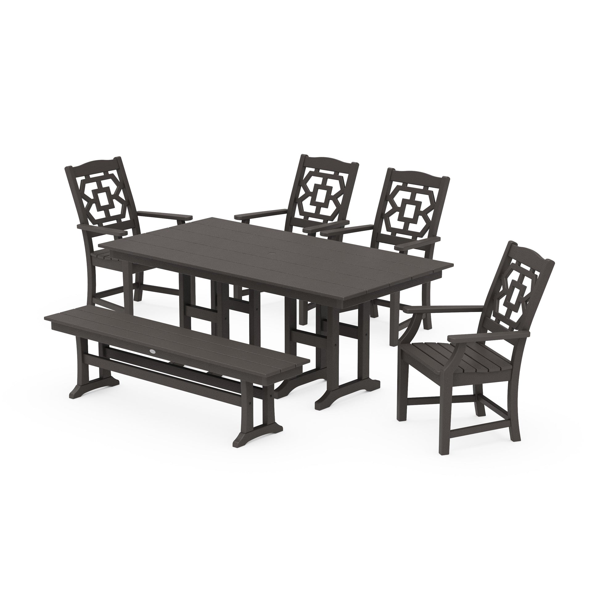 POLYWOOD Chinoiserie 6-Piece Farmhouse Dining Set with Bench — Vintage Coffee