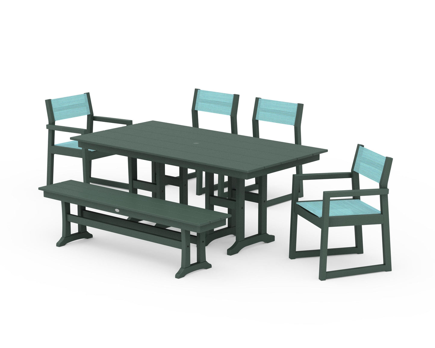 POLYWOOD EDGE Sling 6-Piece Farmhouse Dining Set — Green / Dupioni Aquamarine Sling