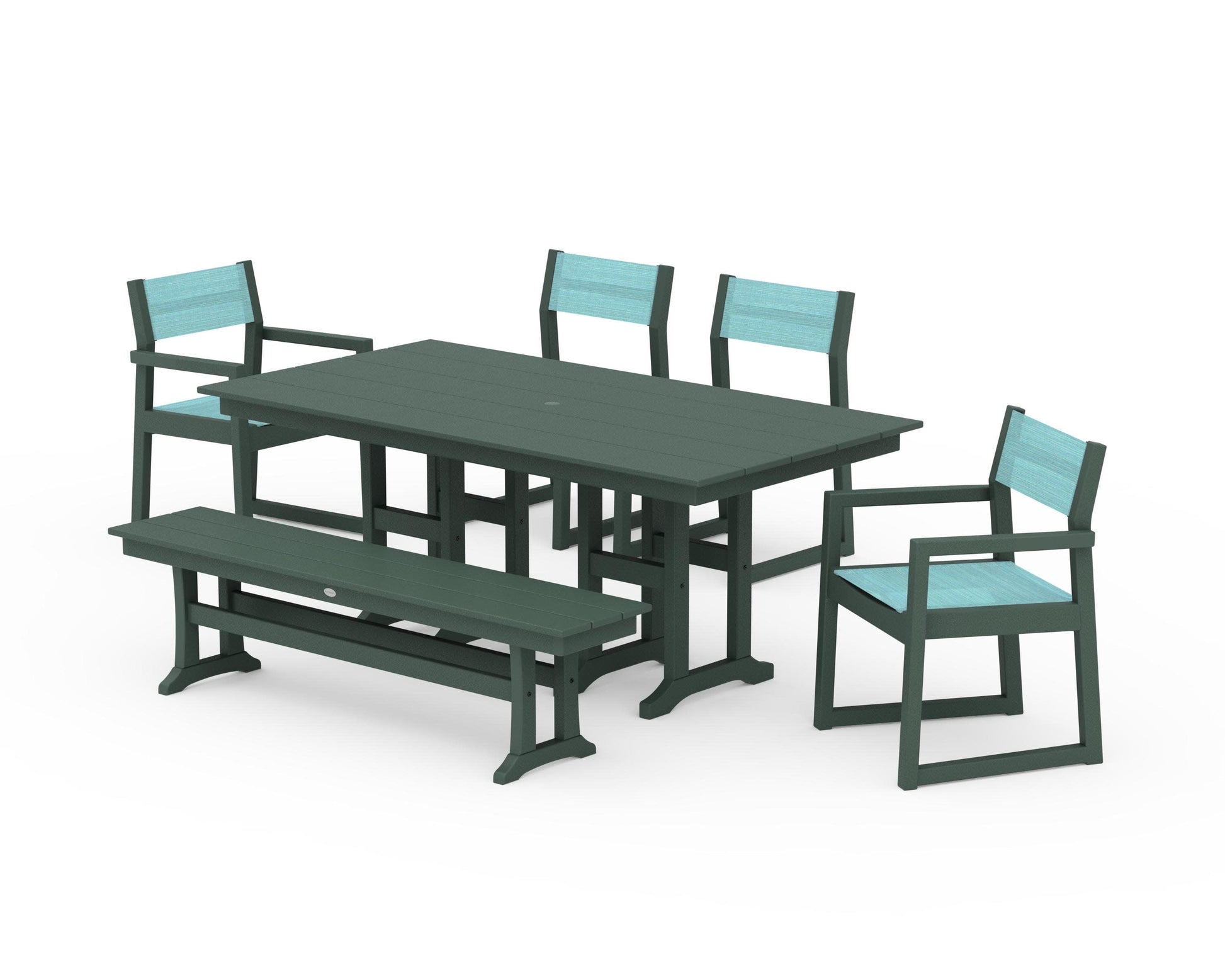 POLYWOOD EDGE Sling 6-Piece Farmhouse Dining Set — Green / Dupioni Aquamarine Sling