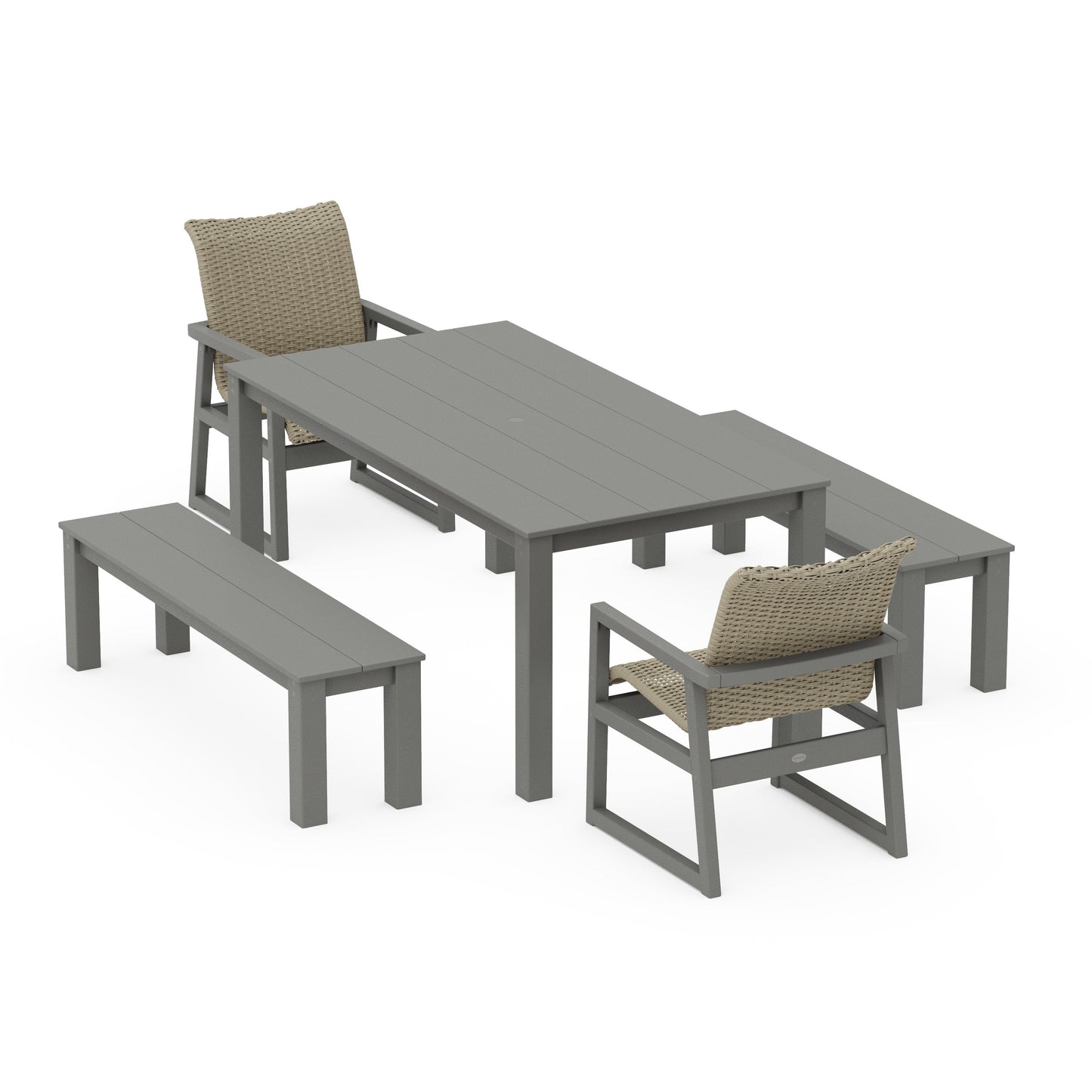POLYWOOD EDGE Woven 5-Piece Parsons Dining Set with Benches — Slate Grey / Dune Grass