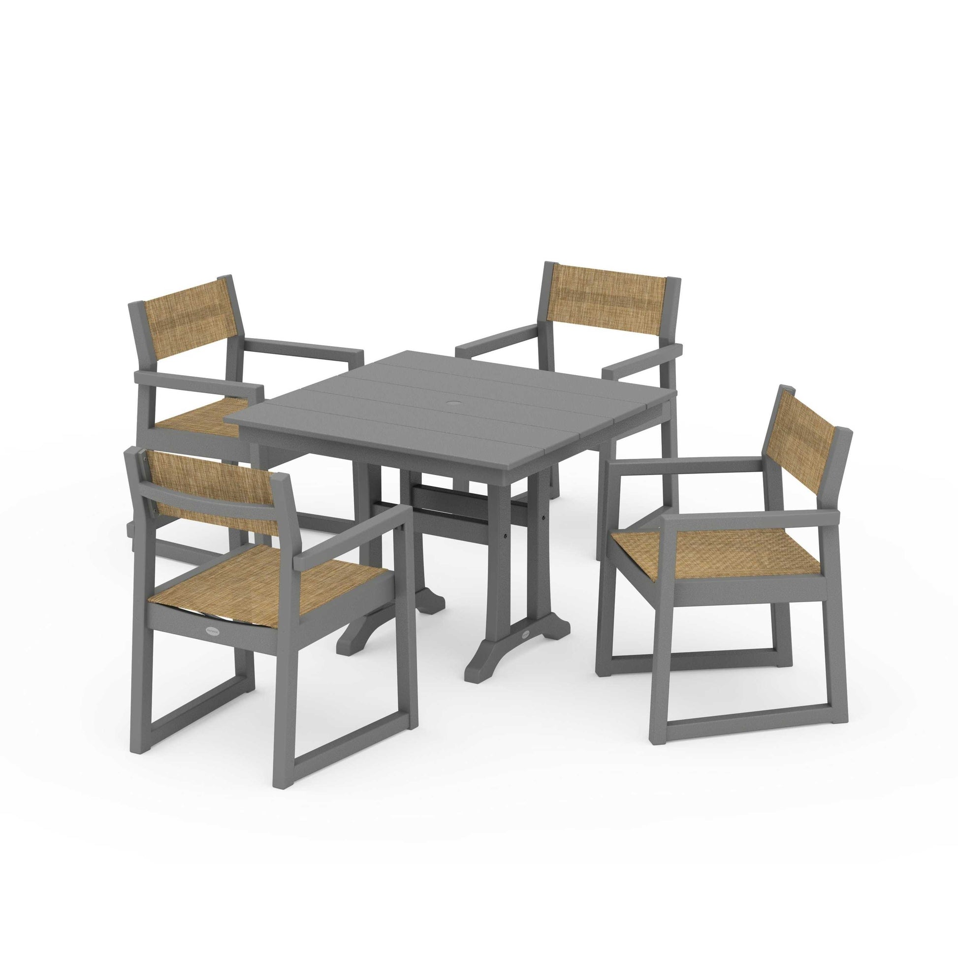 POLYWOOD EDGE Sling 5-Piece Farmhouse Dining Set with Trestle Legs — Slate Grey / Burlap Sling