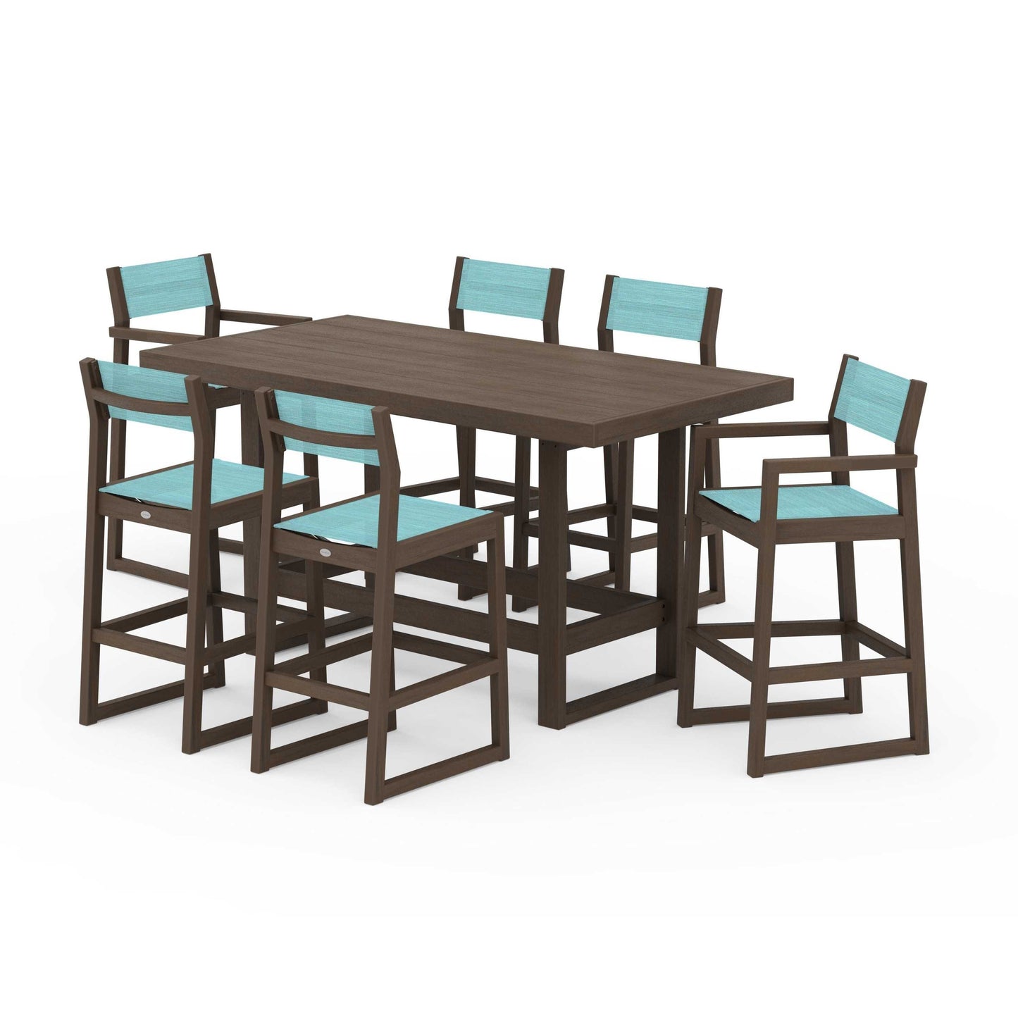 POLYWOOD EDGE Sling 7-Piece Bar Table Set — Kona / Dupioni Aquamarine Sling