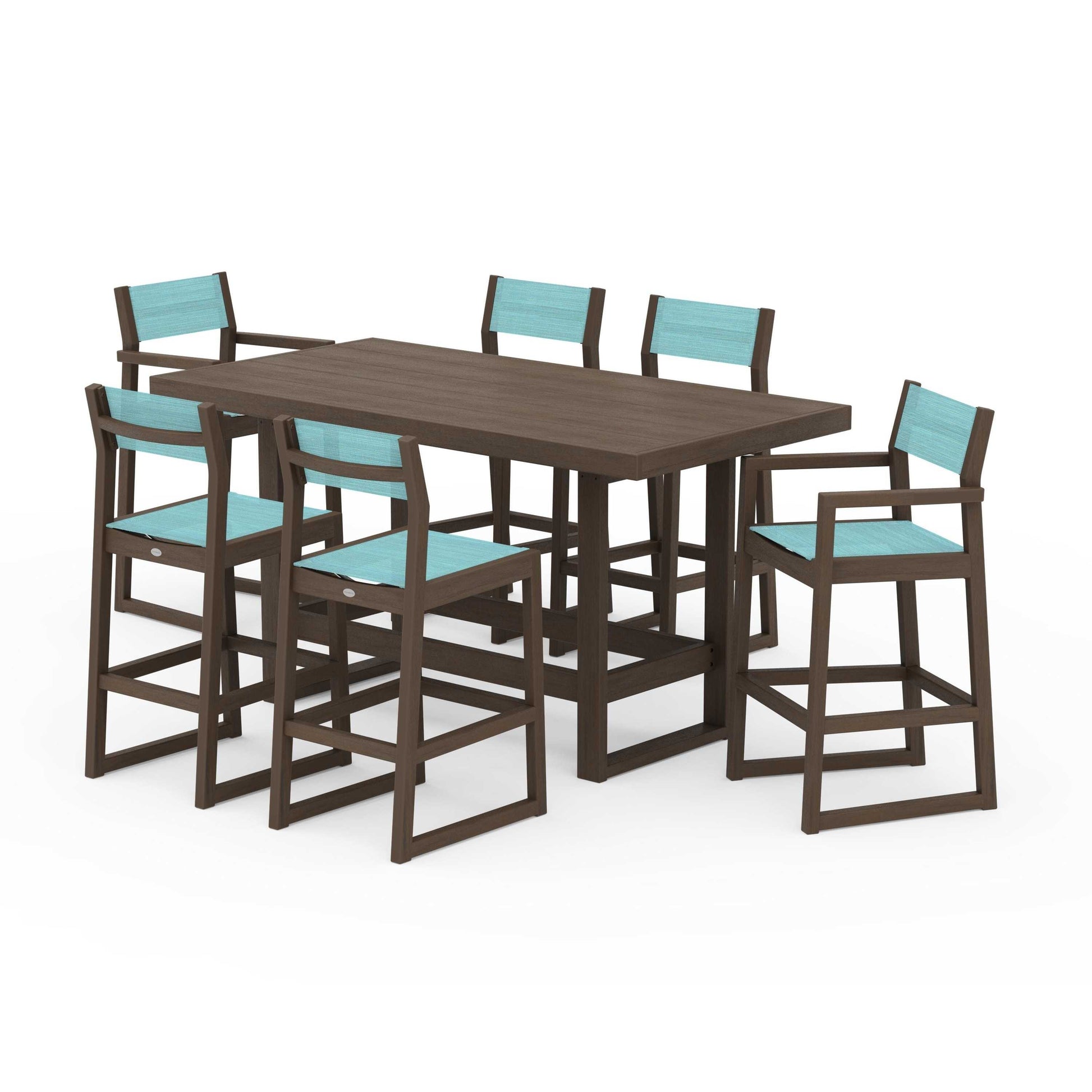 POLYWOOD EDGE Sling 7-Piece Bar Table Set — Kona / Dupioni Aquamarine Sling