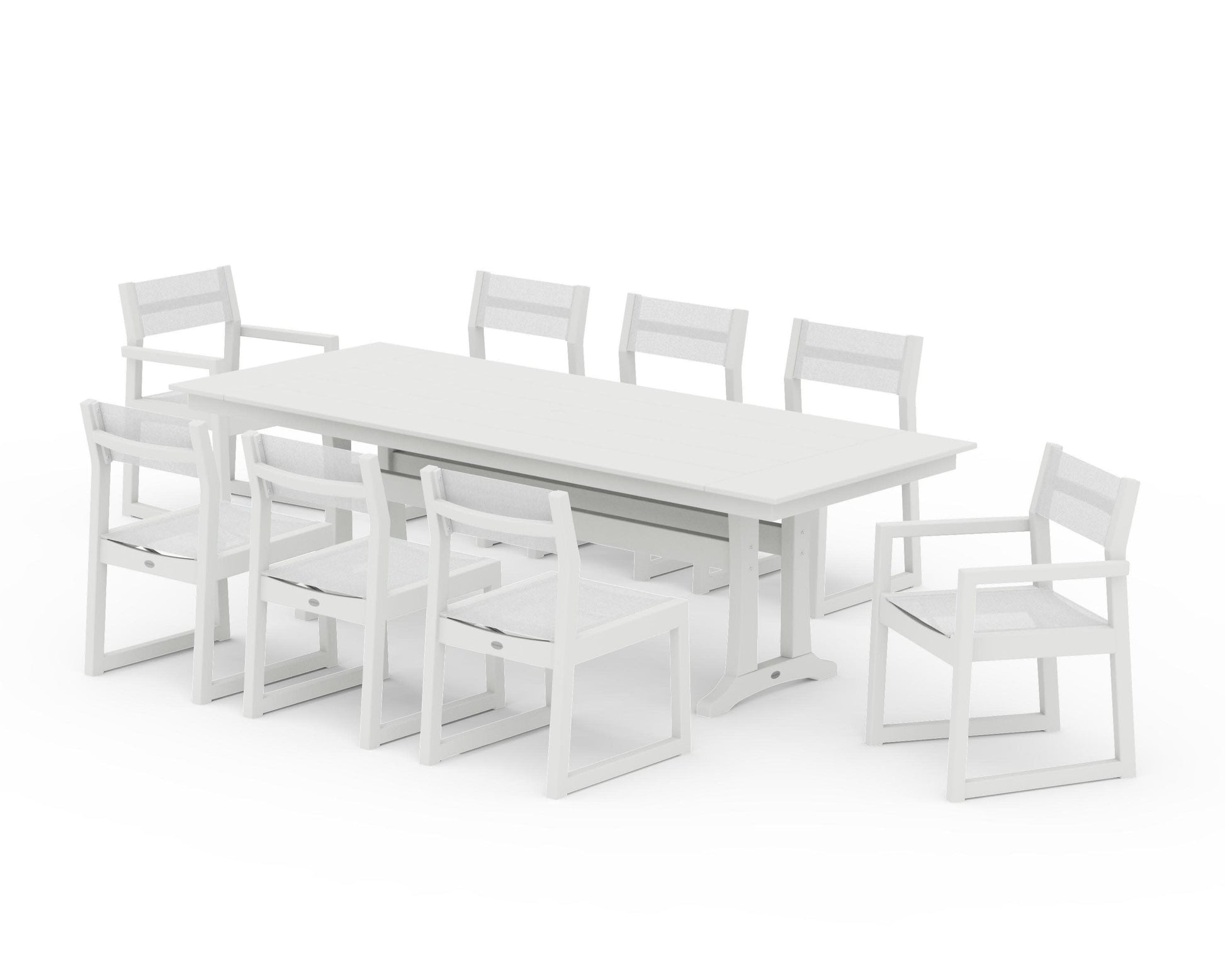POLYWOOD EDGE Sling 9-Piece Farmhouse Trestle Dining Set — Vintage White / White Sling