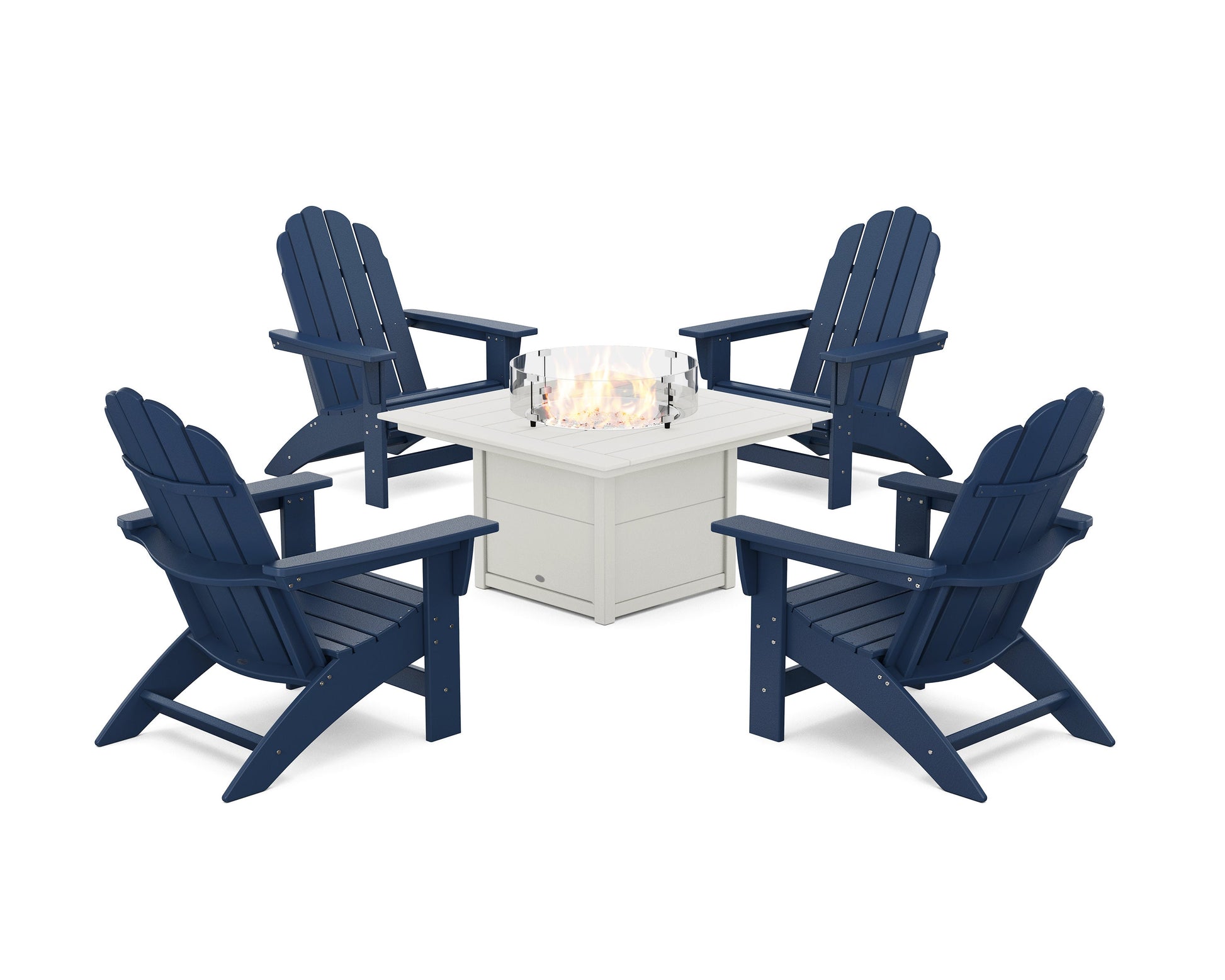 POLYWOOD 5-Piece Vineyard Grand Adirondack Conversation Set with Fire Pit Table — Navy / White