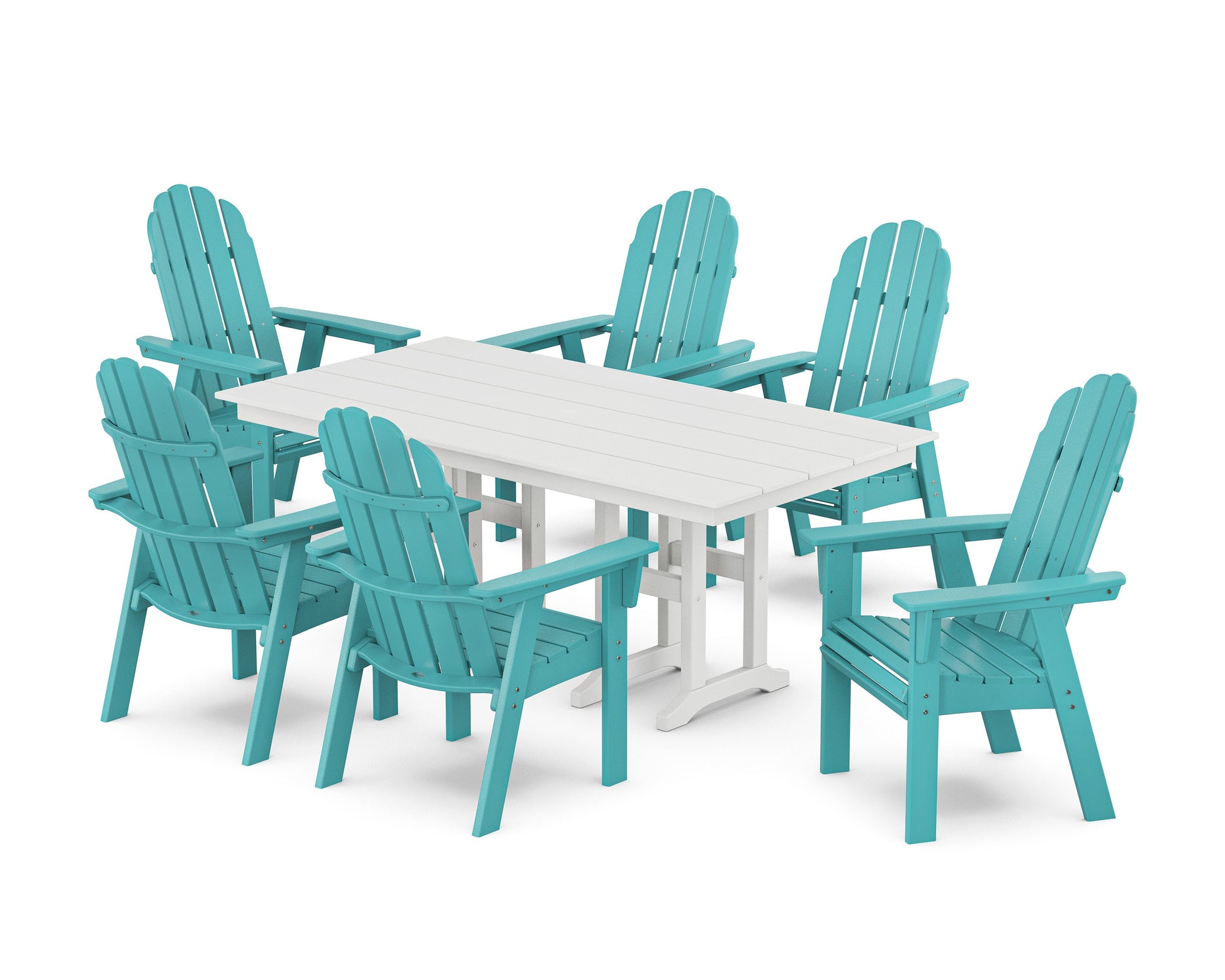 POLYWOOD Vineyard Curveback Adirondack Chair 7-Piece Farmhouse Dining Set — Aruba / White
