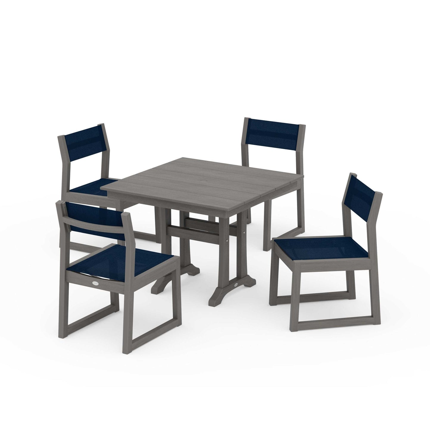 POLYWOOD EDGE Sling 5-Piece Farmhouse Trestle Side Chair Dining Set — Driftwood / Navy Blue Sling