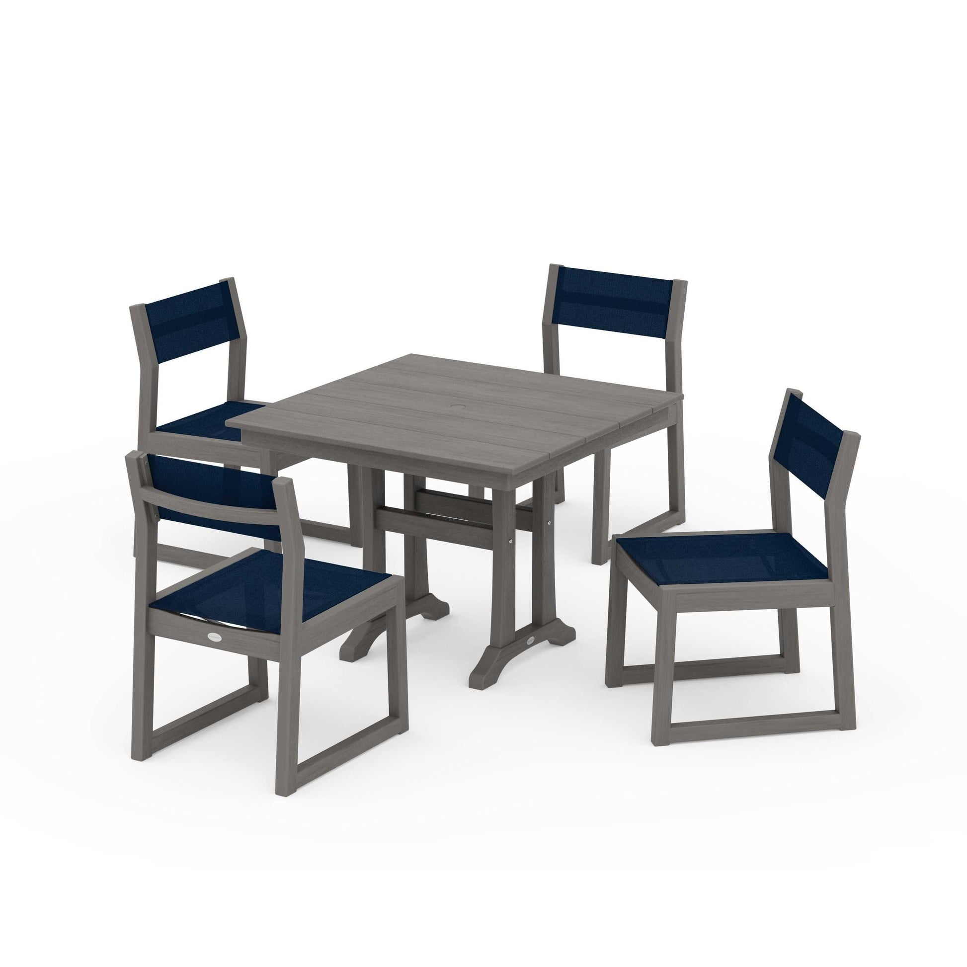 POLYWOOD EDGE Sling 5-Piece Farmhouse Trestle Side Chair Dining Set — Driftwood / Navy Blue Sling