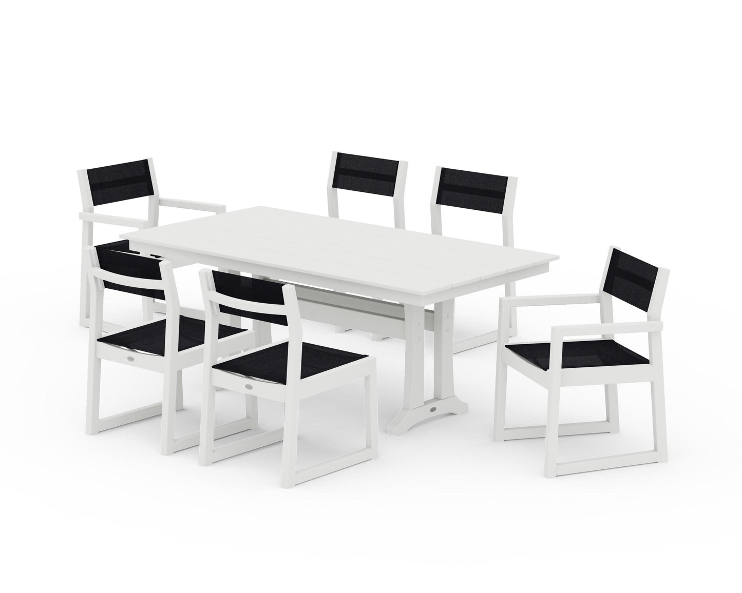 POLYWOOD EDGE Sling 7-Piece Farmhouse Trestle Dining Set — Vintage White / Black Sling