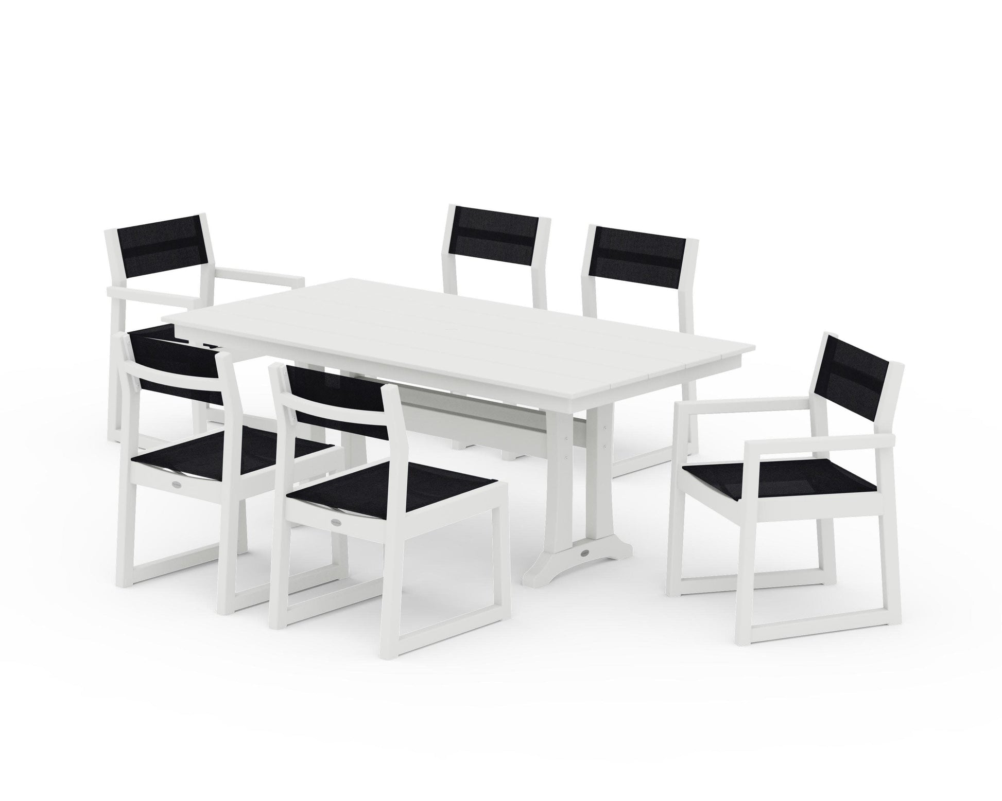 POLYWOOD EDGE Sling 7-Piece Farmhouse Trestle Dining Set — Vintage White / Black Sling