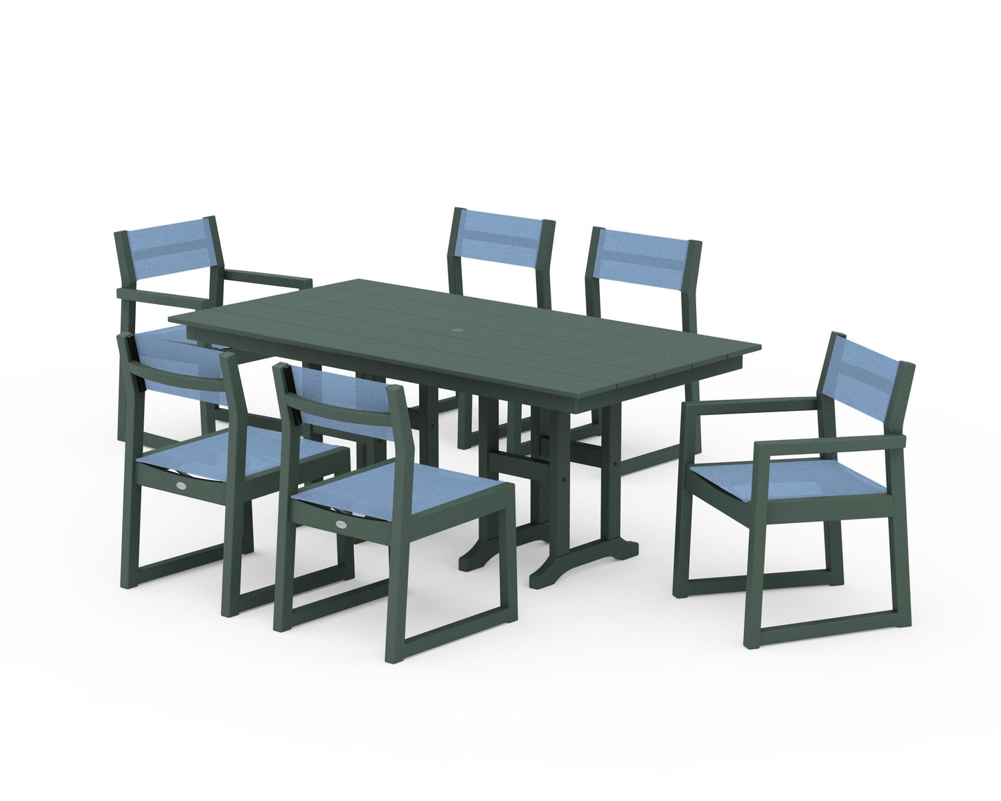POLYWOOD EDGE Sling 7-Piece Farmhouse Dining Set — Green / Poolside Sling