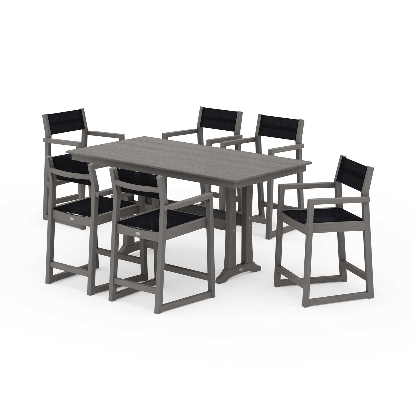 POLYWOOD EDGE Sling Arm Chair 7-Piece Farmhouse Counter Set with Trestle Legs — Driftwood / Black Sling