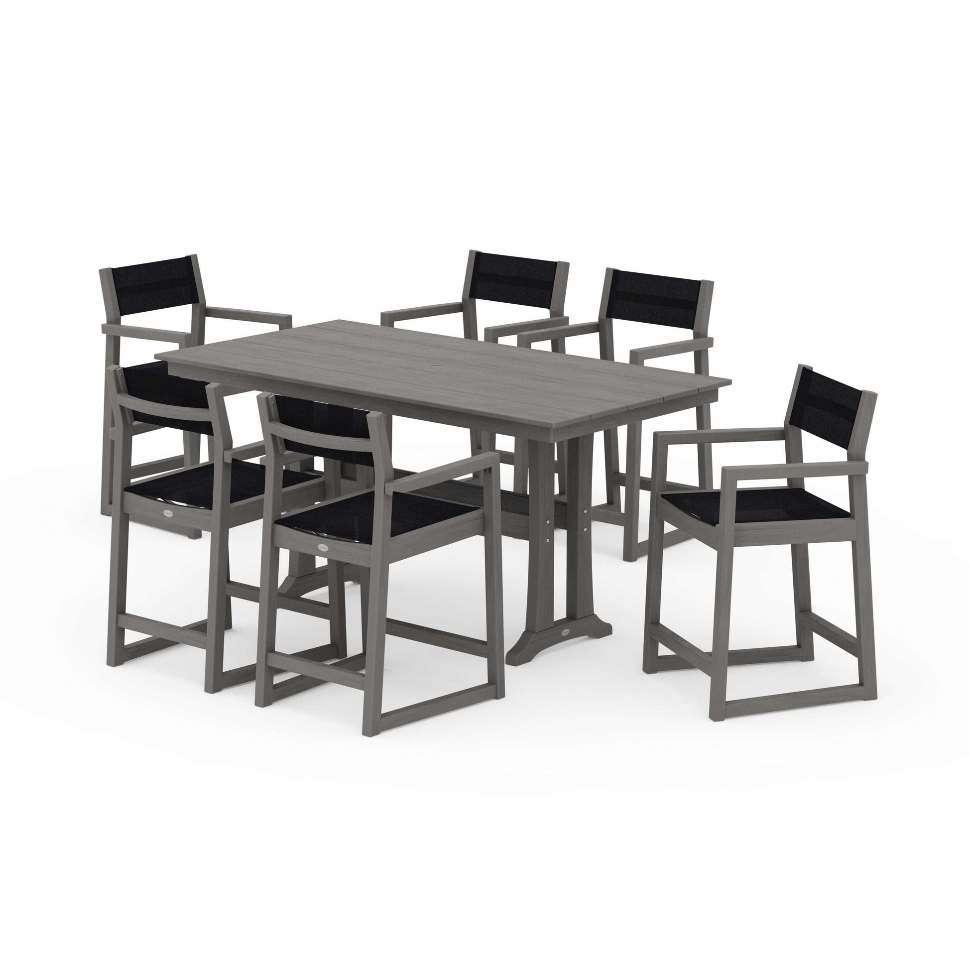POLYWOOD EDGE Sling Arm Chair 7-Piece Farmhouse Counter Set with Trestle Legs — Driftwood / Black Sling