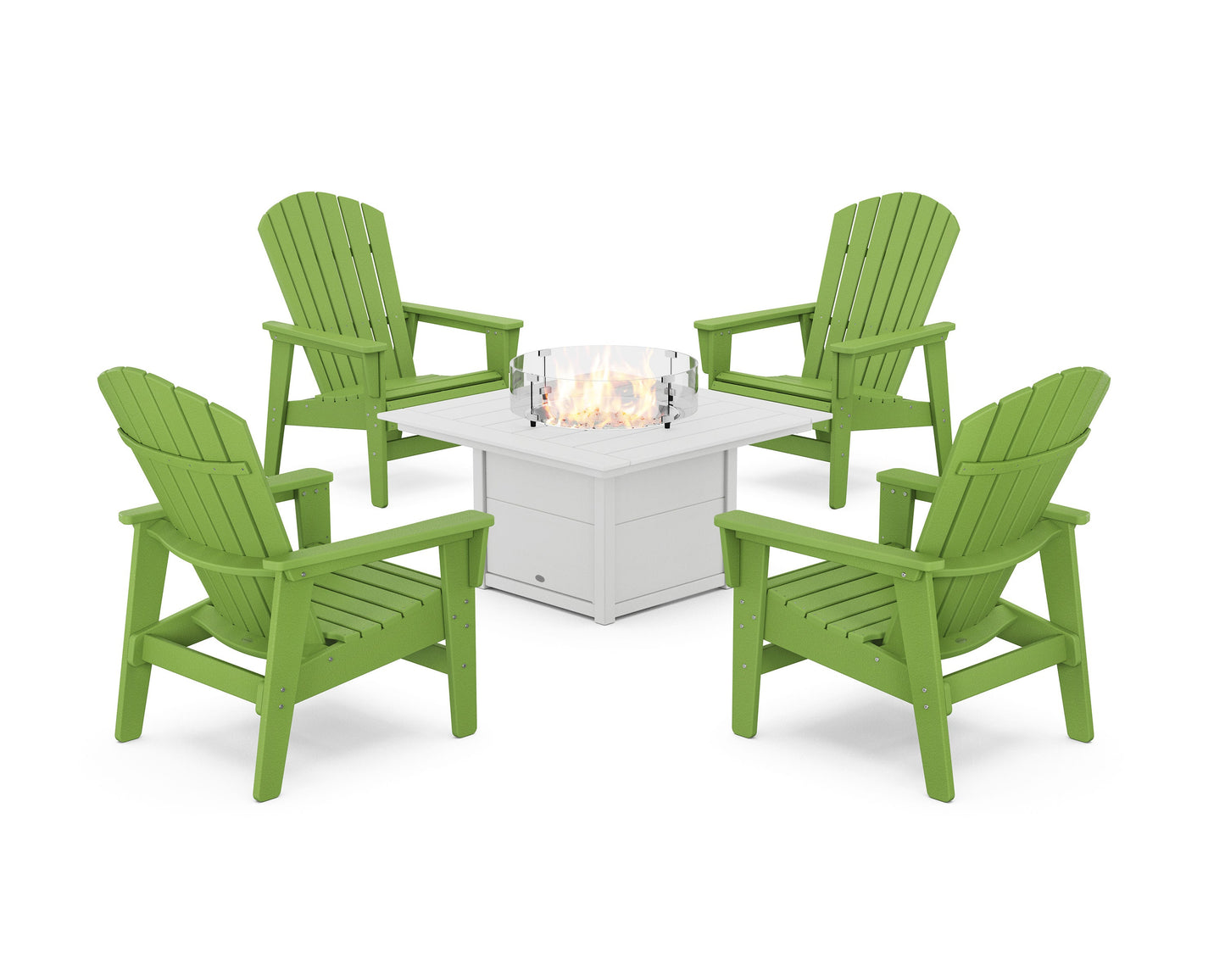 POLYWOOD 5-Piece Nautical Grand Upright Adirondack Conversation Set with Fire Pit Table — Lime / White
