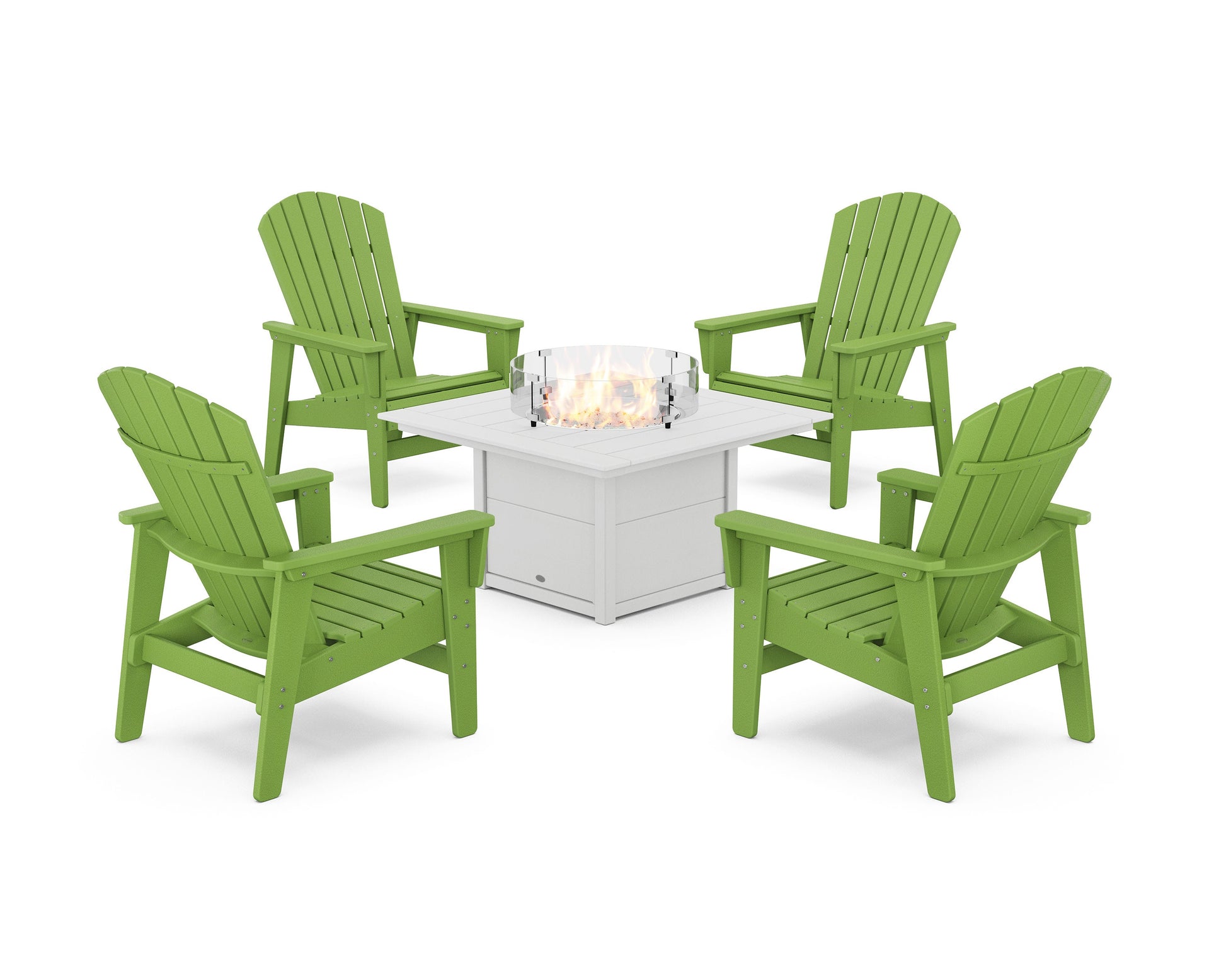 POLYWOOD 5-Piece Nautical Grand Upright Adirondack Conversation Set with Fire Pit Table — Lime / White