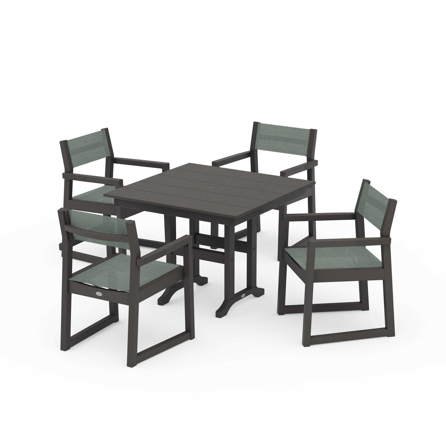 POLYWOOD EDGE Sling Arm Chair 5-Piece Farmhouse Dining Set — Vintage Coffee / Dupioni Sea Mist Sling