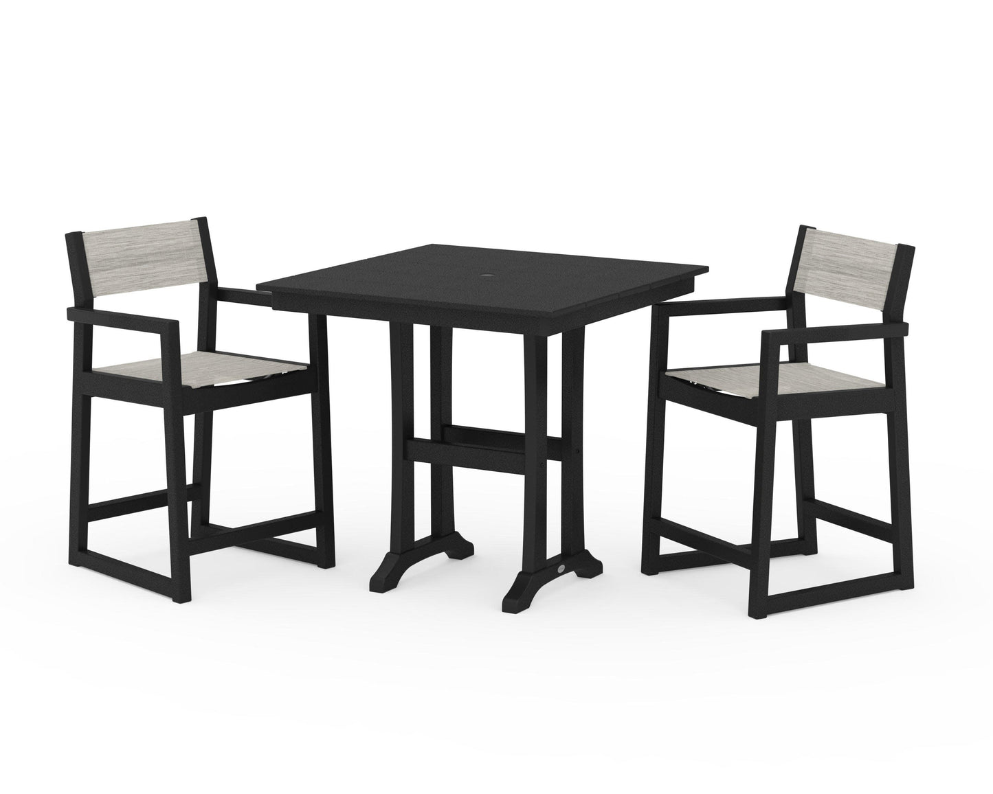 POLYWOOD EDGE Sling Arm Chair 3-Piece Farmhouse Counter Set with Trestle Legs — Black / Birch Sling
