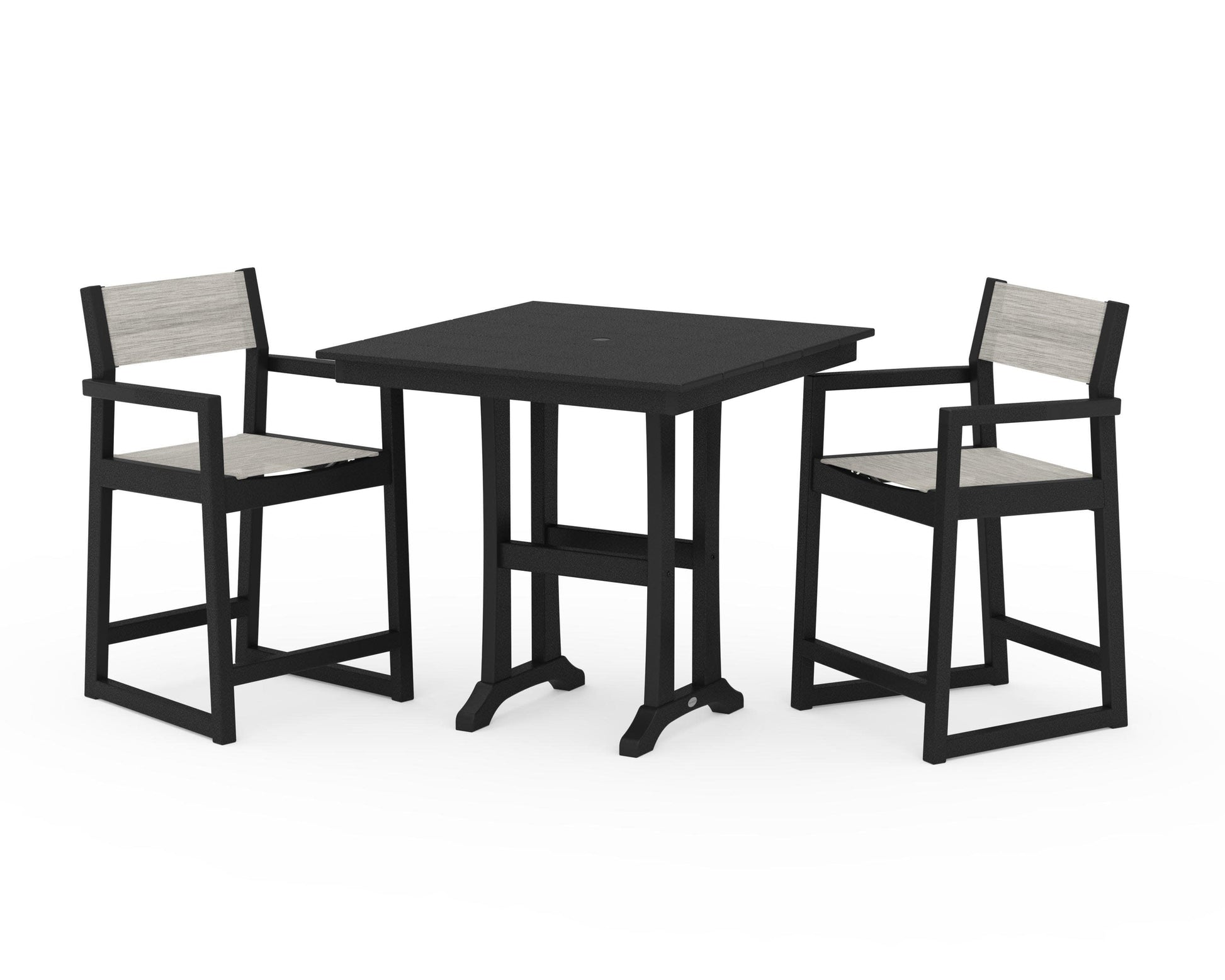 POLYWOOD EDGE Sling Arm Chair 3-Piece Farmhouse Counter Set with Trestle Legs — Black / Birch Sling